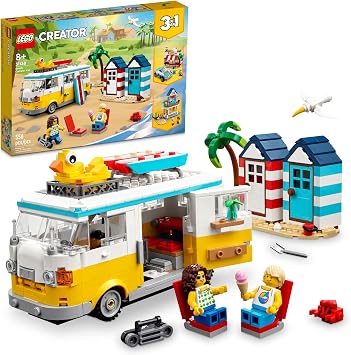 LEGO Creator 3 in 1 Beach Camper Van Building Kit, Transforms from a Campervan to Ice Cream Shop to House, Great Gift for Surfer Boys and Girls, Pretend Play Beach Life, 31138