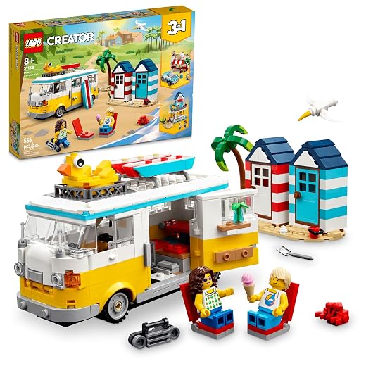 LEGO Creator 3 in 1 Beach Camper Van Building Kit, Transforms from a Campervan to Ice Cream Shop to House, Great Gift for Surfer Boys and Girls, Pretend Play Beach Life, 31138