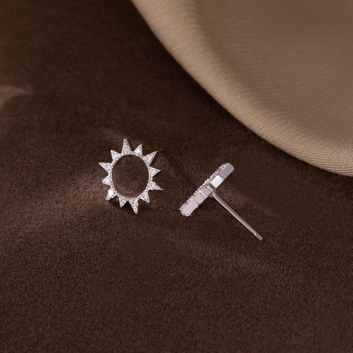 Reffeer Solid 925 Sterling Silver Sun Earrings Stud for Women Teen Girls Hollow Stud Earrings CZ Circle Earrings - Image 6