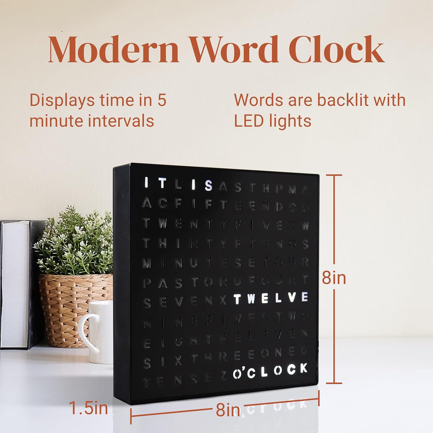 Stiles Word Clock, 8" by 8" Modern LED Desk Clock with USB Cable, Aluminum, Unique with Words, Contemporary, Living Room, Bedroom, Home, or Office Lightup Decor, Gift Item, Black