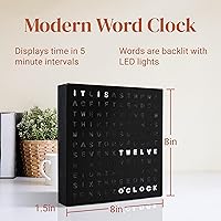 Vista 3 de Reloj de palabras Stiles, reloj de escritorio LED moderno de 20 cm por 20 cm con cable USB, aluminio, único con palabras, contemporáneo, para sala