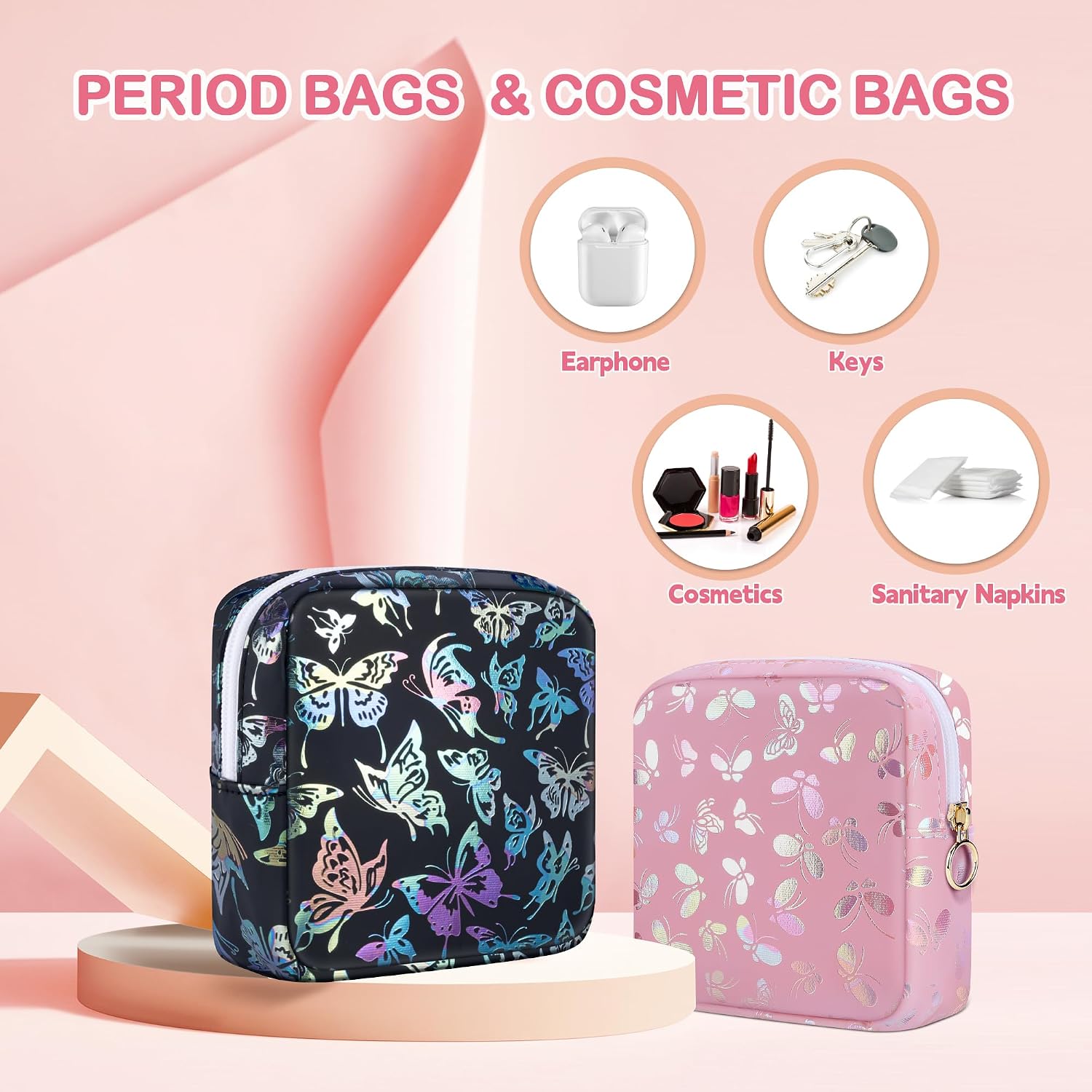 Likesing Period Bag Pouch, Leather Sanitary Napkin Storage Bag for Girls Womens, Portable Sanitary Napkin Period Pad Pouch Bag for Purse (Black-Dancing Butterfly)