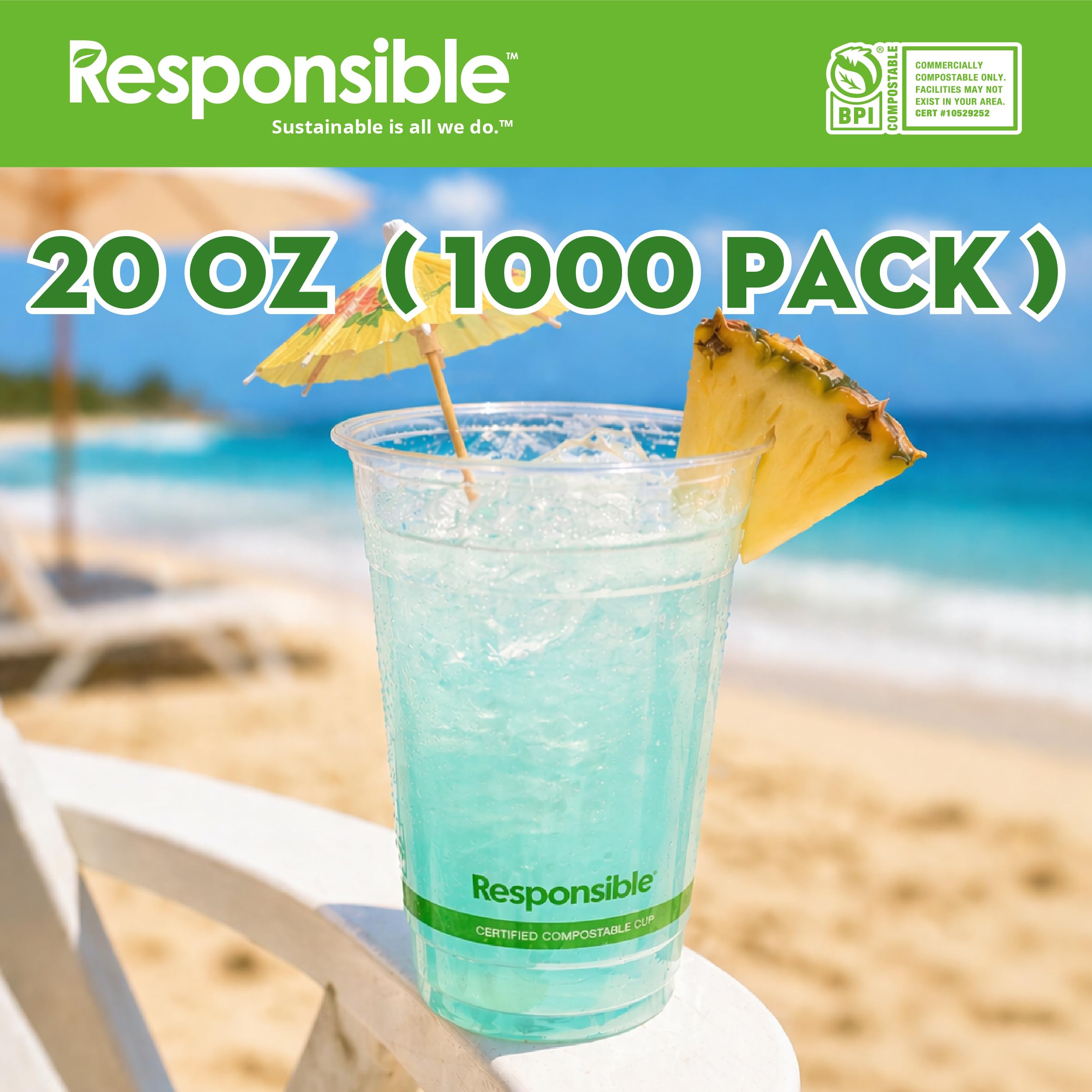 Responsible Products Taza fría transparente 100% compostable de 20 onzas, taza biodegradable extra fuerte, hecha de materiales vegetales naturales (1000 tazas)