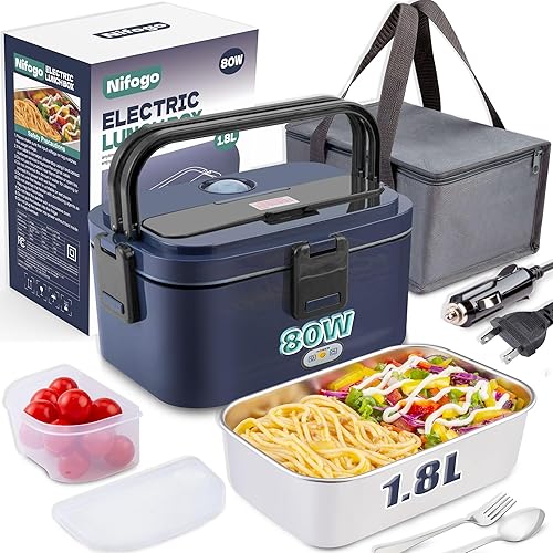 Nifogo Fiambrera eléctrica, calentador de alimentos de 80 W, fiambreras calentadas para hombres, 1.8 l, lonchera eléctrica para adultos, portátil,