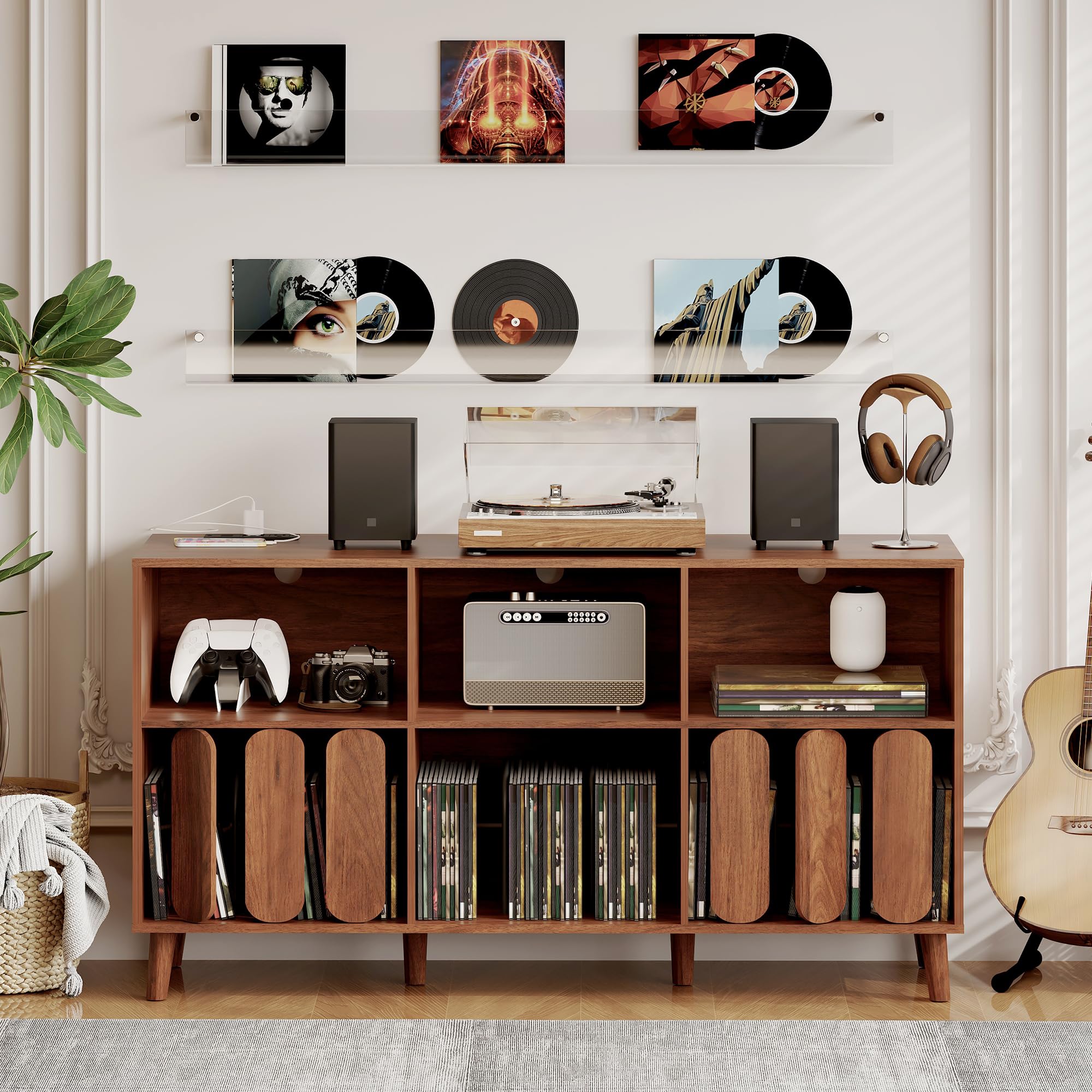 55.11 in Large Record Player Stand, Modern Wood Vinyl Record Storage Cabinet with Charging Station and 2 USB Ports, Mid Century Turntable Stand Player