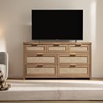 Sicotas 7 Dressing pour Chambre, 57" Grandes commodes de rotin pour la chambre de bébé, salon TV Stand,Boho organisateur coffre de tiroirs, coffre d'entreposage de vêtements (Chêne caramel recu, 1 Pièce)