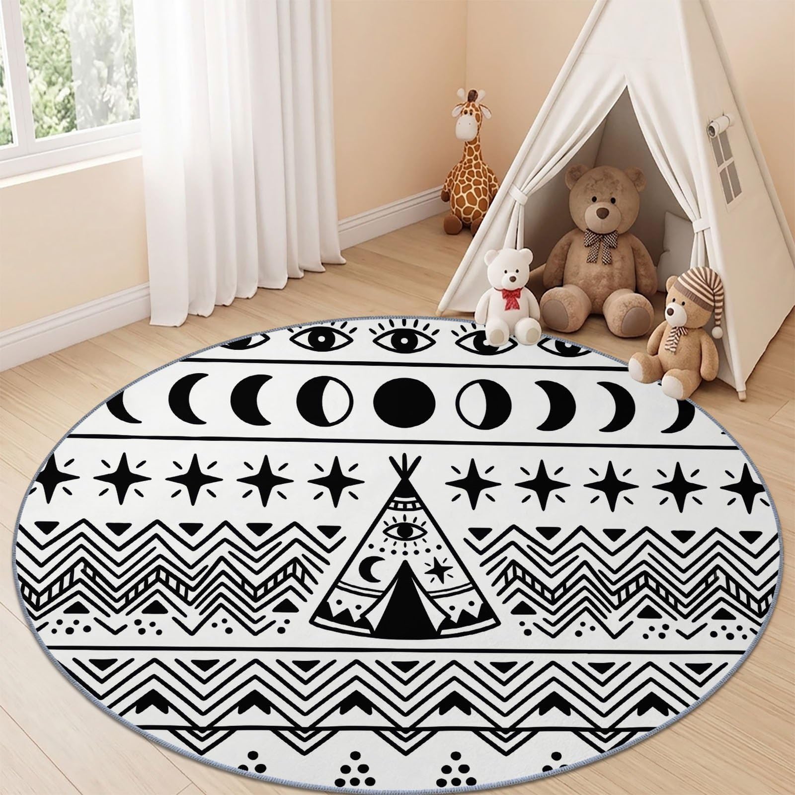 Bohemisch Ethnisch Teppich Rund Kurzflor - 160 cm Waschbare Weich Teppiche Wohnzimmer Schlafzimmer, Geometrisch Mond Sterne Linien rutschfest Runder Teppich Kinderzimmer Bettvorleger, Schwarz