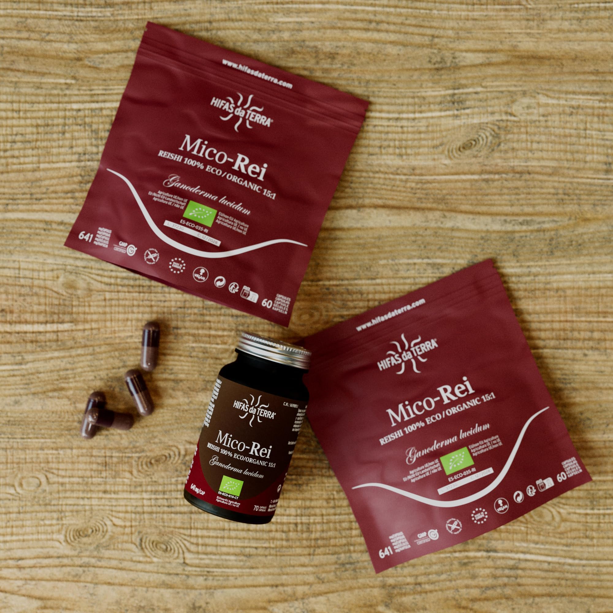 HIFAS DA TERRA - Mico-Rei Extracto Puro de Reishi (Ganoderma lucidum) extracto puro + Vitamina C natural - Extracto de Hongos - Defensas, Circulación y Bienestar Integral - Refill 60 Cápsulas
