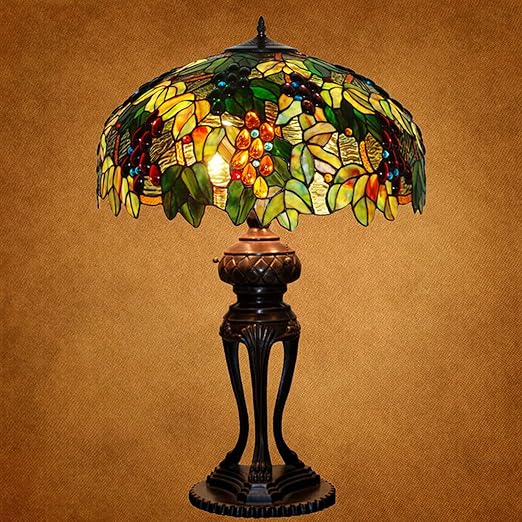errzom Tiffany Stained Glass Table Lamp for Living Room Bedroom Reading Working Decorating Desk, Rose Dragonfly Tulip Wisteria Grape Peach Apple Flower Design Shade W20 XH32,Grape