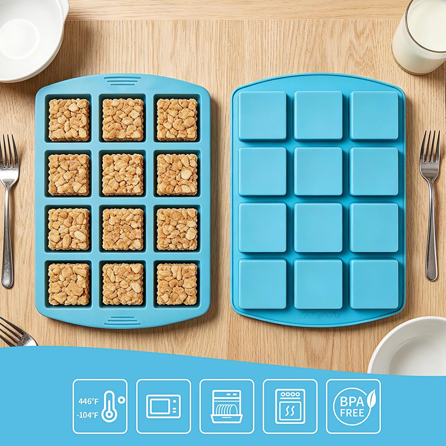 Mini Rice Krispie Treats Molds, 2 Pack Silicone Mini Square Molds, Candy Bar Mould for Making Bite Size Rice Crispy Snacks, Chocolate, Brownie - Blue