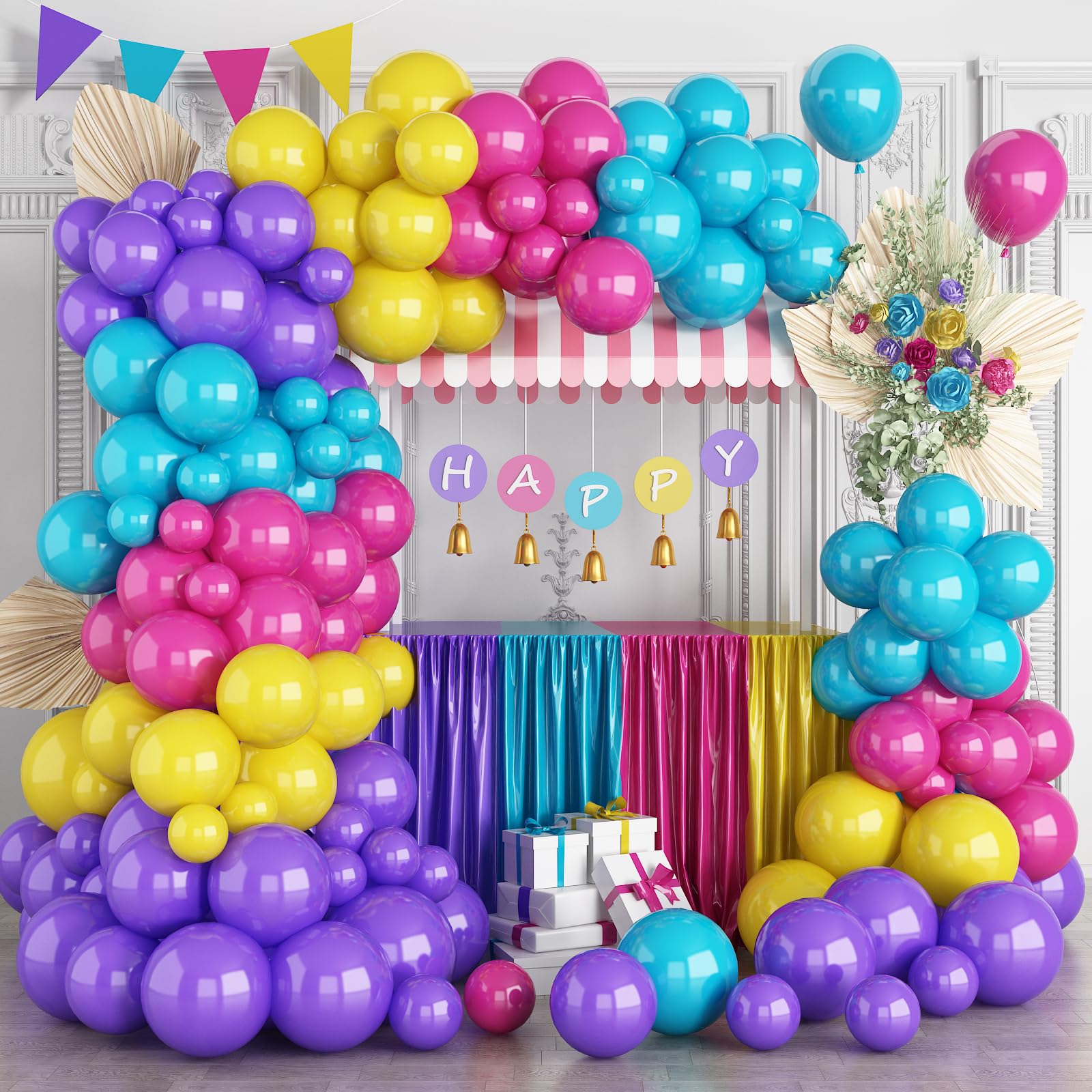 Pink Purple Blue Balloon Arch, 132 Pcs Magic Balloon Garland with Hot Pink Teal Blue Purple and Yellow Balloons, Multicolor Fiesta Rainbow Carnival