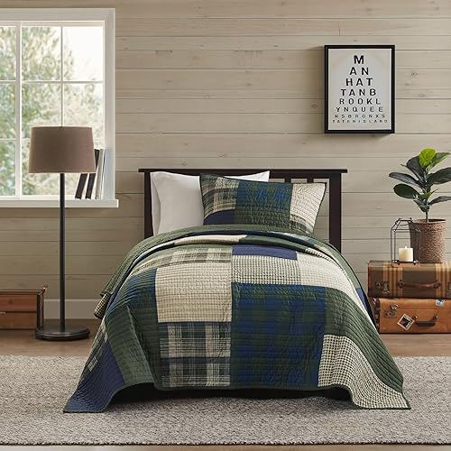 Woolrich - Juego de edredón con diseño de mosaicos, colcha Cottege para cama de tamaño individual para todas las estaciones, colcha ligera de