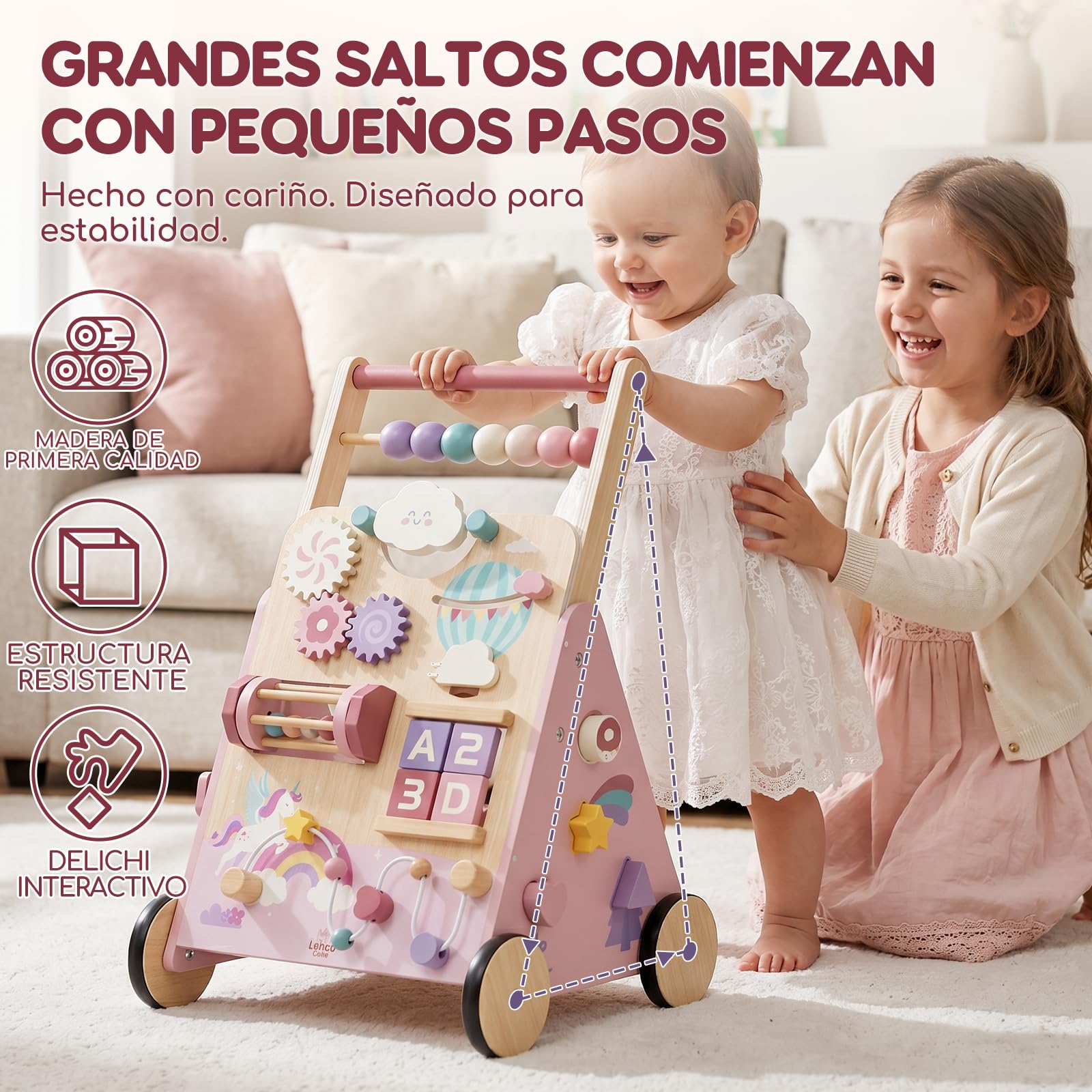 Lehoo Castle Andador Bebes de Madera, Caminador Bebé Unicornio | Freno Ajustable, Unicornio Rosa, Centro de Actividades 10 en 1, Juego Educativo Montessori, Regalo Bebé Niña 1 Año