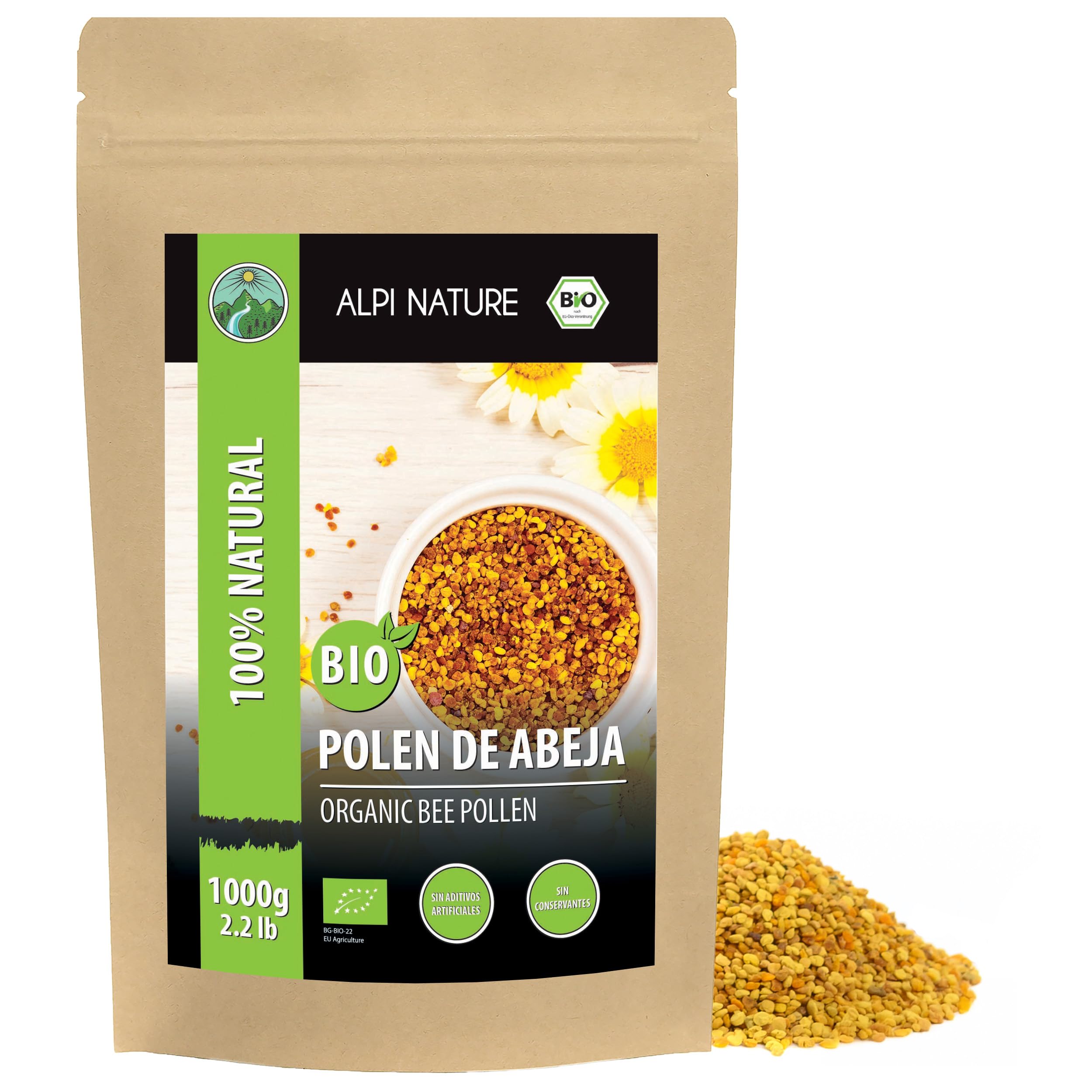 Alpi Nature Polen de Abeja Natural Orgánico 1kg, Polen de Abeja Orgánico, Gránulos Naturales