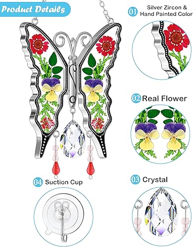 Miniatura 4 de KY&BOSAM Atrapasoles de mariposa de cristal para ventana, campanilla de viento Haning con flores secas y coloridos dijes de prismas de arco iris