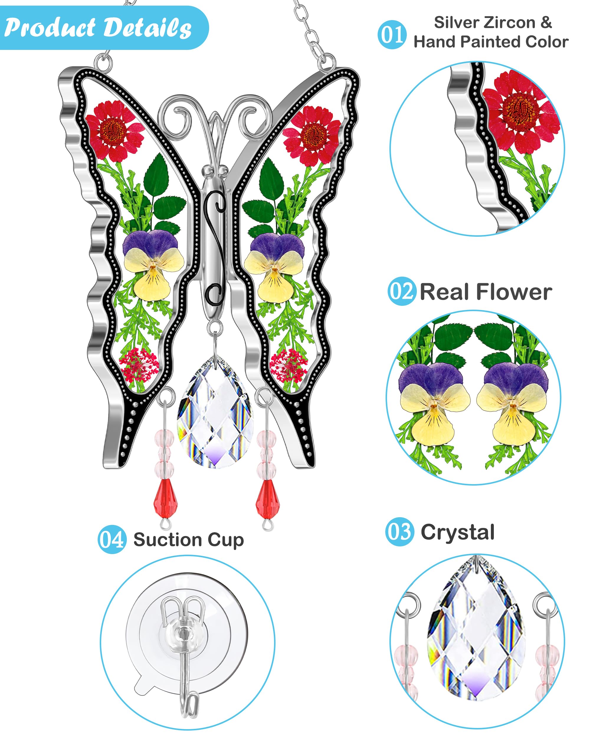 KY&BOSAM Atrapasueños de Mariposa, Regalo de Cristal para el día de la Madre, Regalo para mamá, atrapasueños de vidrieras, Adorno Colgante de Campanilla de Viento para Ventana, Regalo de mamá, día de