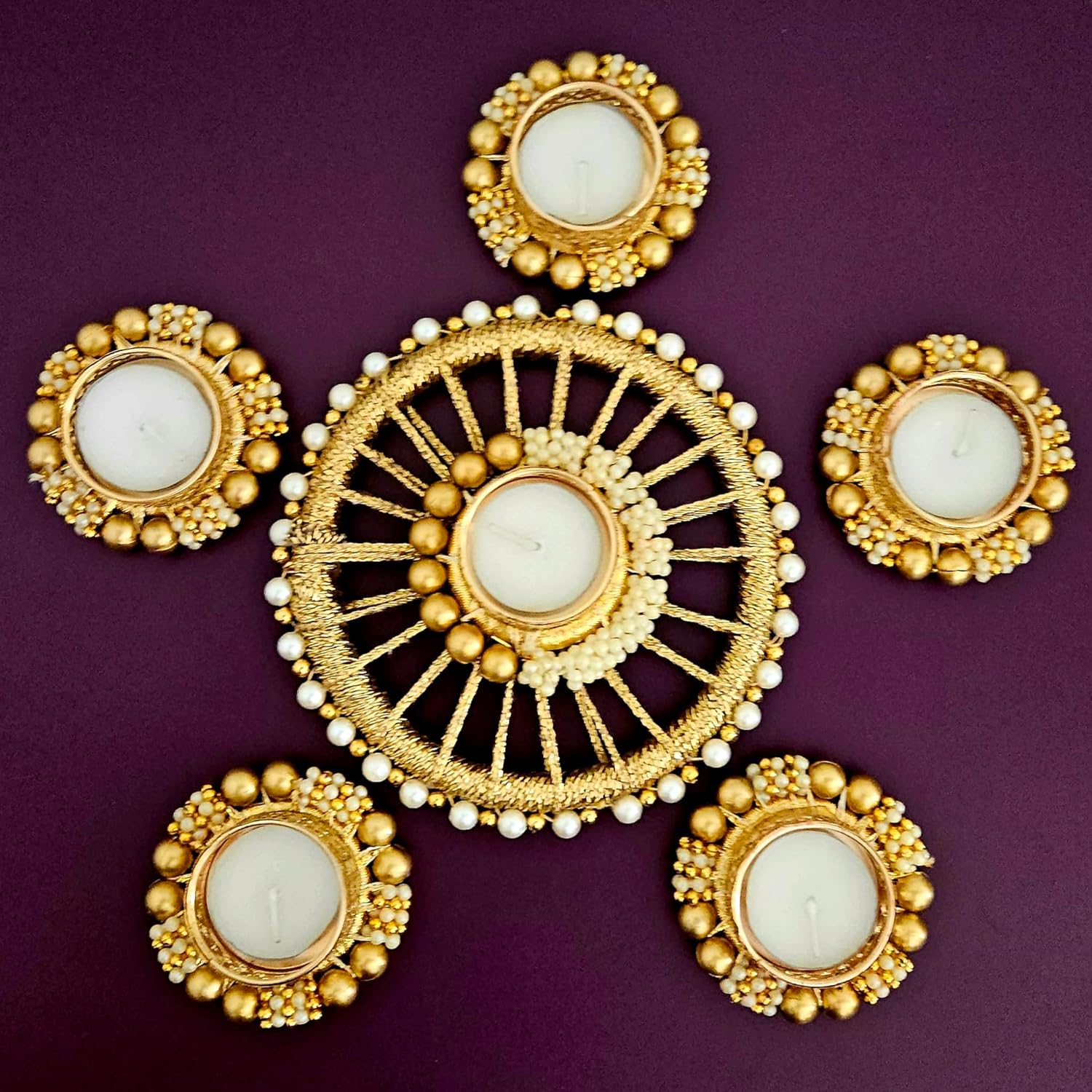 Handmade Tea Light Candle Holders| Rangoli | Set of 7 Candle Holders|Diwali Decorations for Home |Floor Decorations|Diwali diyas|Diwali Candles (Lotus Tea Light Rangoli)