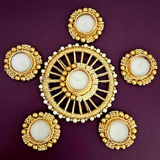 Handmade Tea Light Holders|Set of 6 Rangoli Candle Holders|Diwali Decorations|Floor Decorations|Diwali diyas|Diwali Lights|Diwali Candles (Set of 6 Golden Tea Light Rangoli)