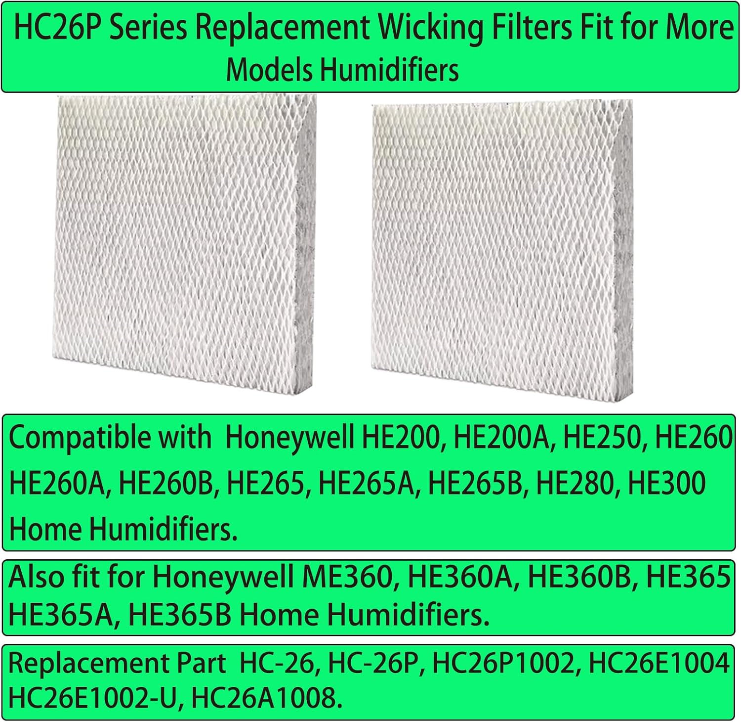 2 Pcs HC26P Replacement Wick Filters for Honeywell HE200 HE250 HE260 HE265 HE280 HE300 HE360 HE365 Humidifiers Pad, Part # HC26P1002 HC26E1004 HC26E1002-U HC26A1008