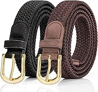 AlphylyNeries 2 Pack Women's Elastic Braided Stretch Belts with Gold Buckle - Comfortable, Versatile Fit for Jeans, Dresses & Skirts