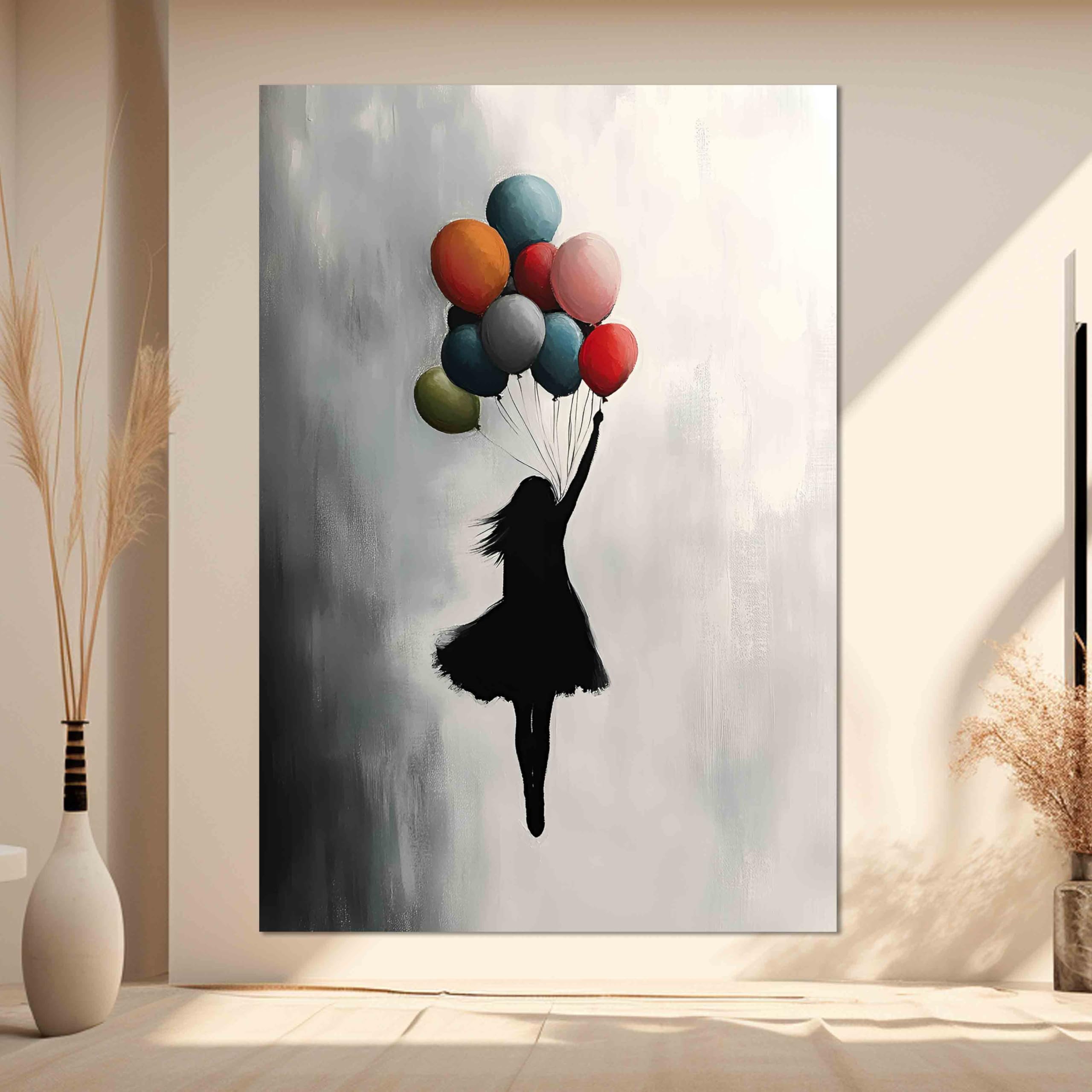 Kunstbruder Wandbild Banksy GirlFlyingBallons, Bunt, 60x80 cm | Hochformat, Leinwand, Graffiti Kunstdruck, Schlafzimmer & Wohnzimmer Deko