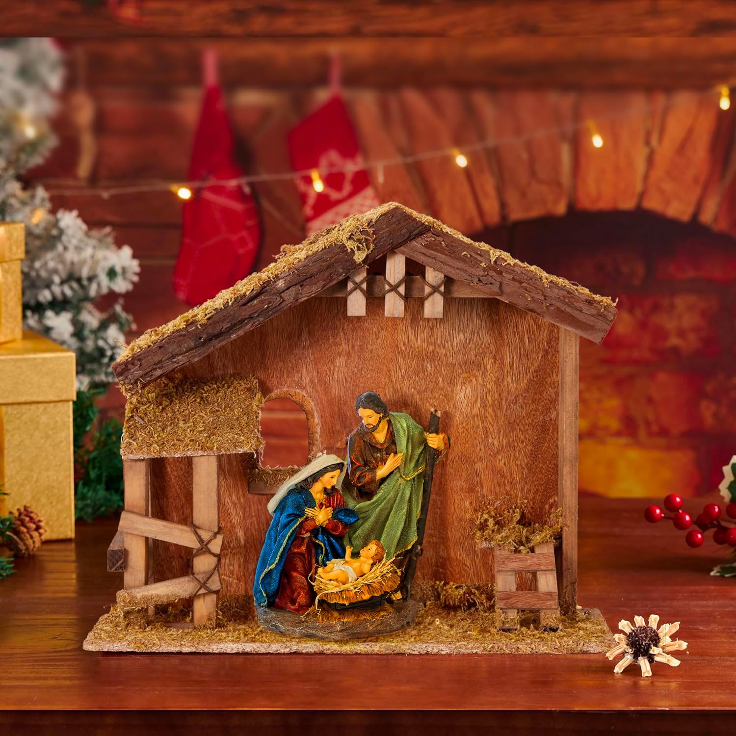 Avilia Figurines Nativité en résine résistante 24,5 x 29,5 cm – Personnages de crèche artisanaux avec Sainte Famille idéale pour décorer Votre crèche ou cabane de Noël – Également idéal comme idée