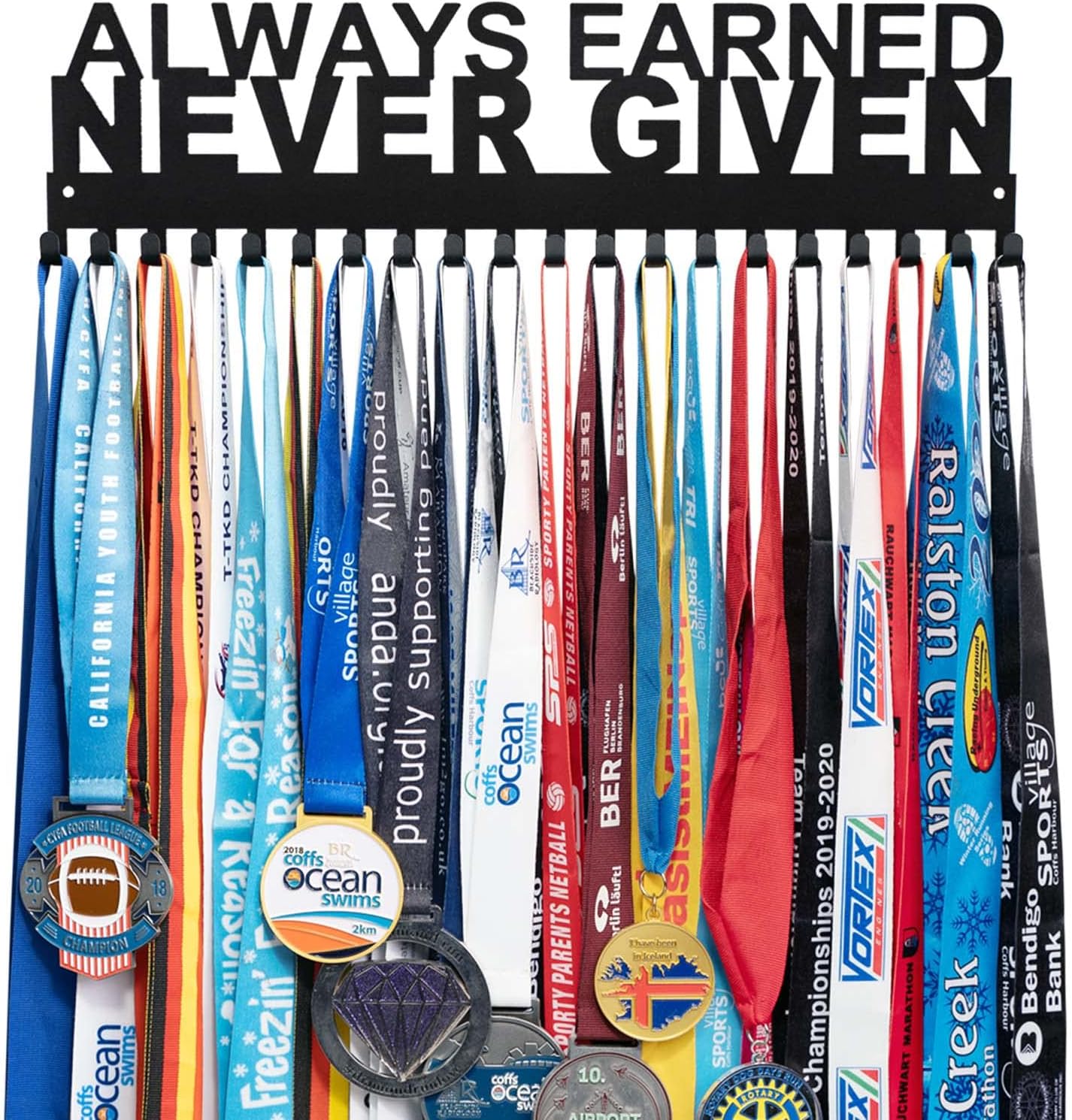 Sports Medal Hanger Display Holder Hook Rack for 60 Medals-16 Wide with 20 Hooks-Black-Easy Use Awesome Gifts