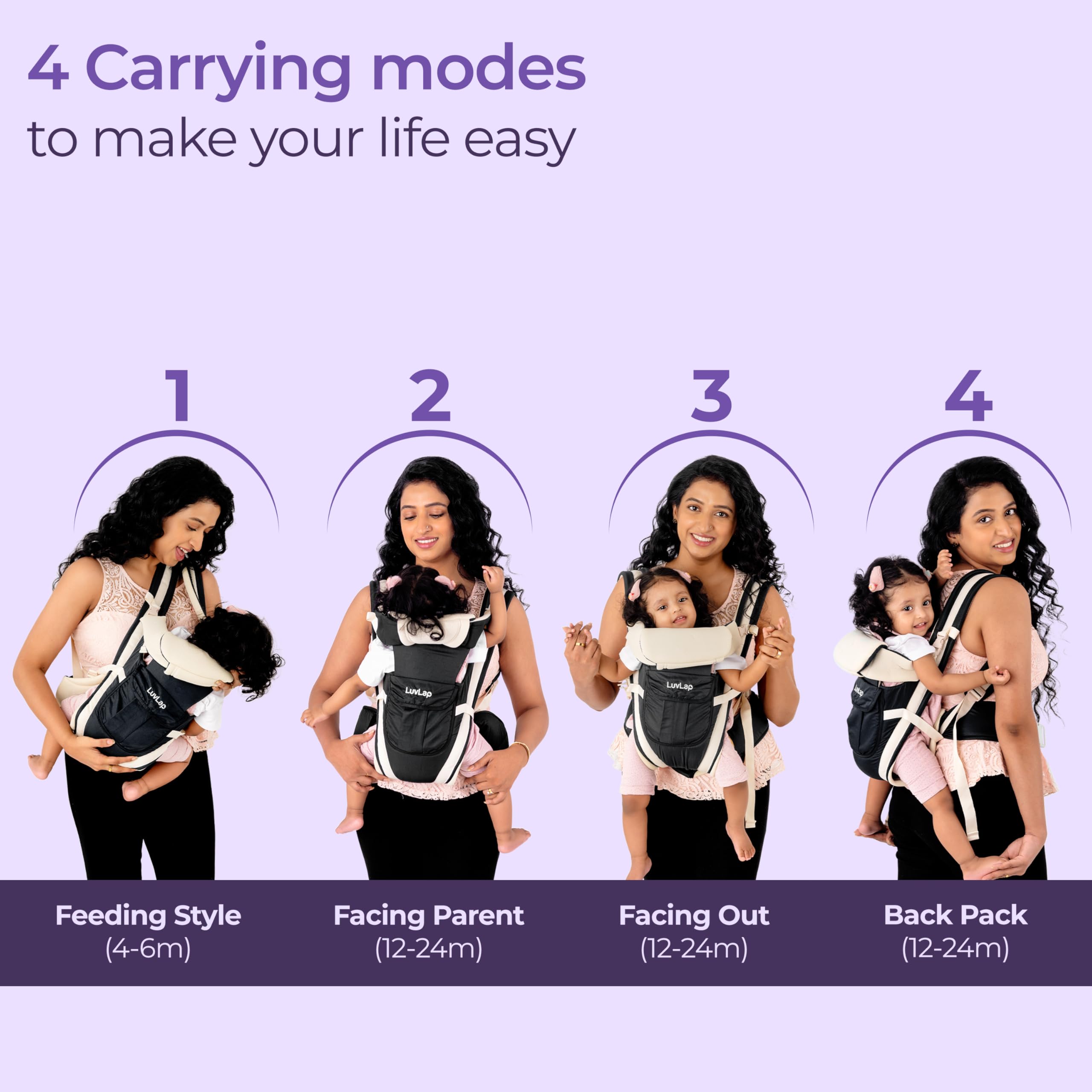 LuvLap Elegant Baby Carrier with 4 carry positions, lightweight & travel friendly, 4-24Month baby, Adjustable New-born to Toddler Carrier with cushioned leg support, Max weight 15Kg (Black) 2
