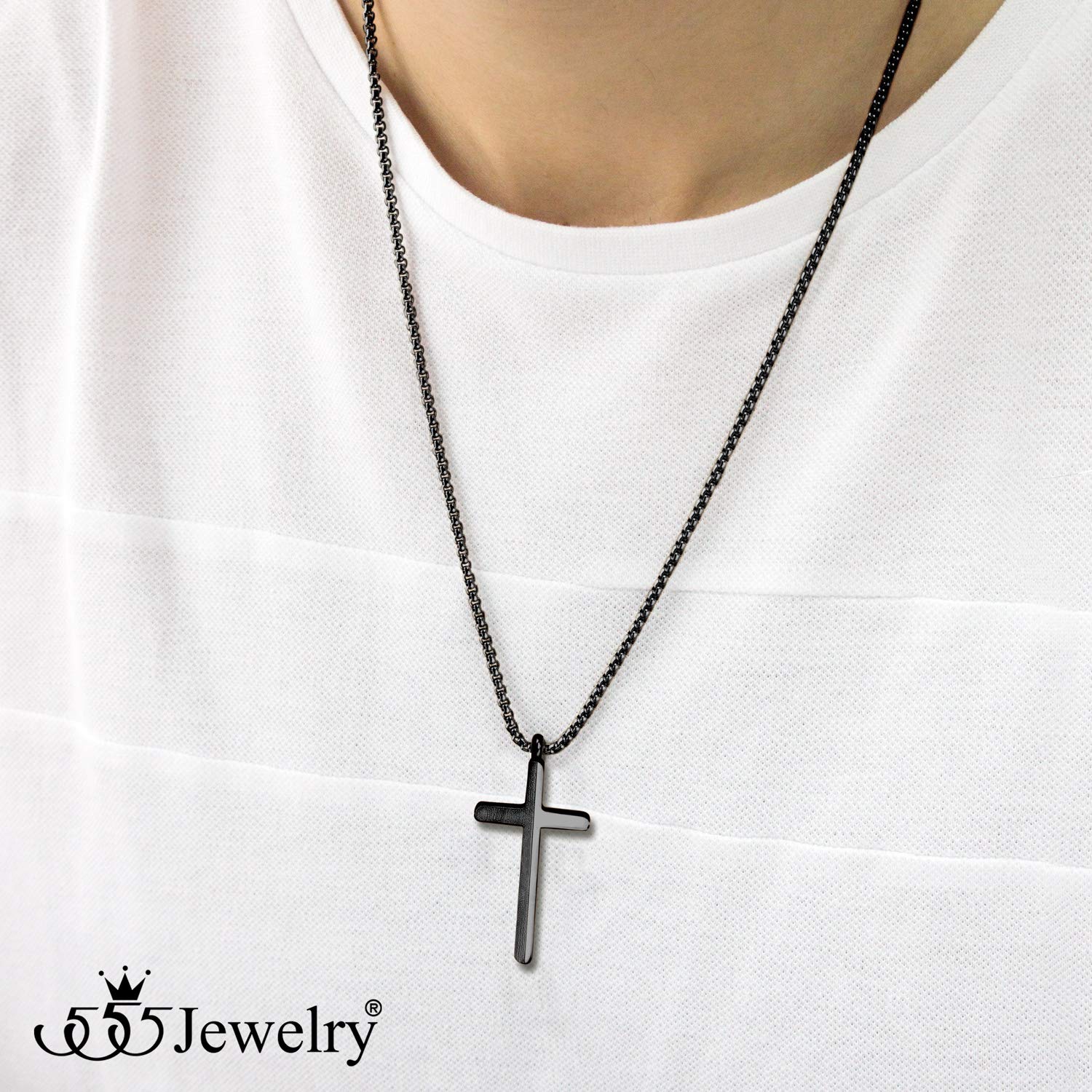 555Jewelry Collar de cruz de acero inoxidable para hombres y niños, cadena de caja de 40 a 60 cm negro