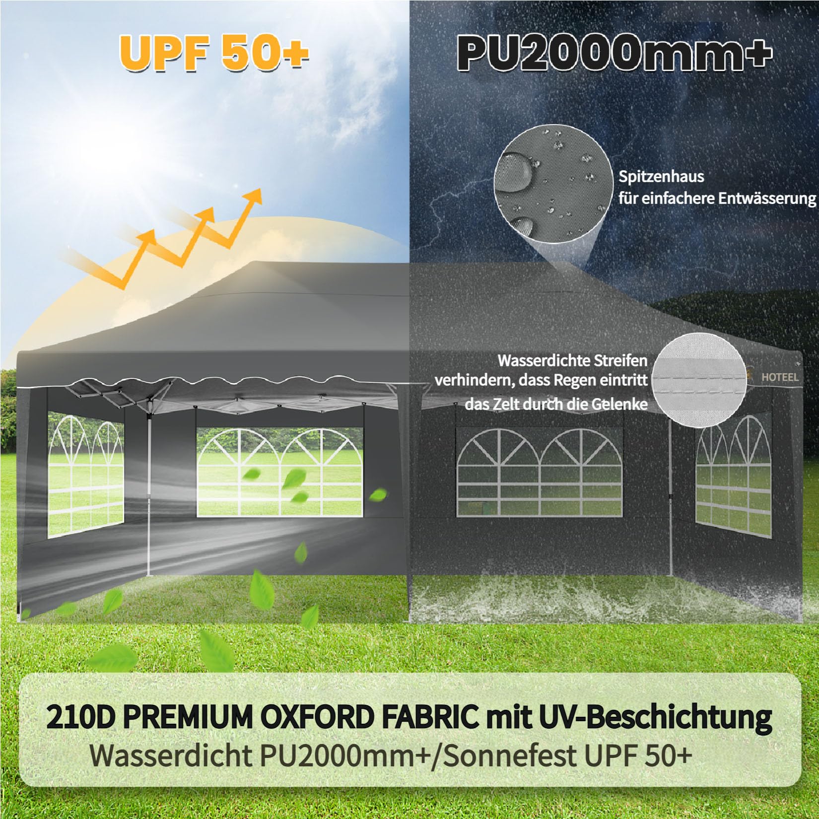 HOTEEL 3x6m Pop Up Pavillon Wasserdicht mit 6 Abnehmbaren Seitenwä Stabi lNden, Wellensaumdach Uv Anti 50+ Faltpavillon mit Radtasche und 4 SandsäCken, für Hochzeit, Party, Picknick, Markt (Grau)