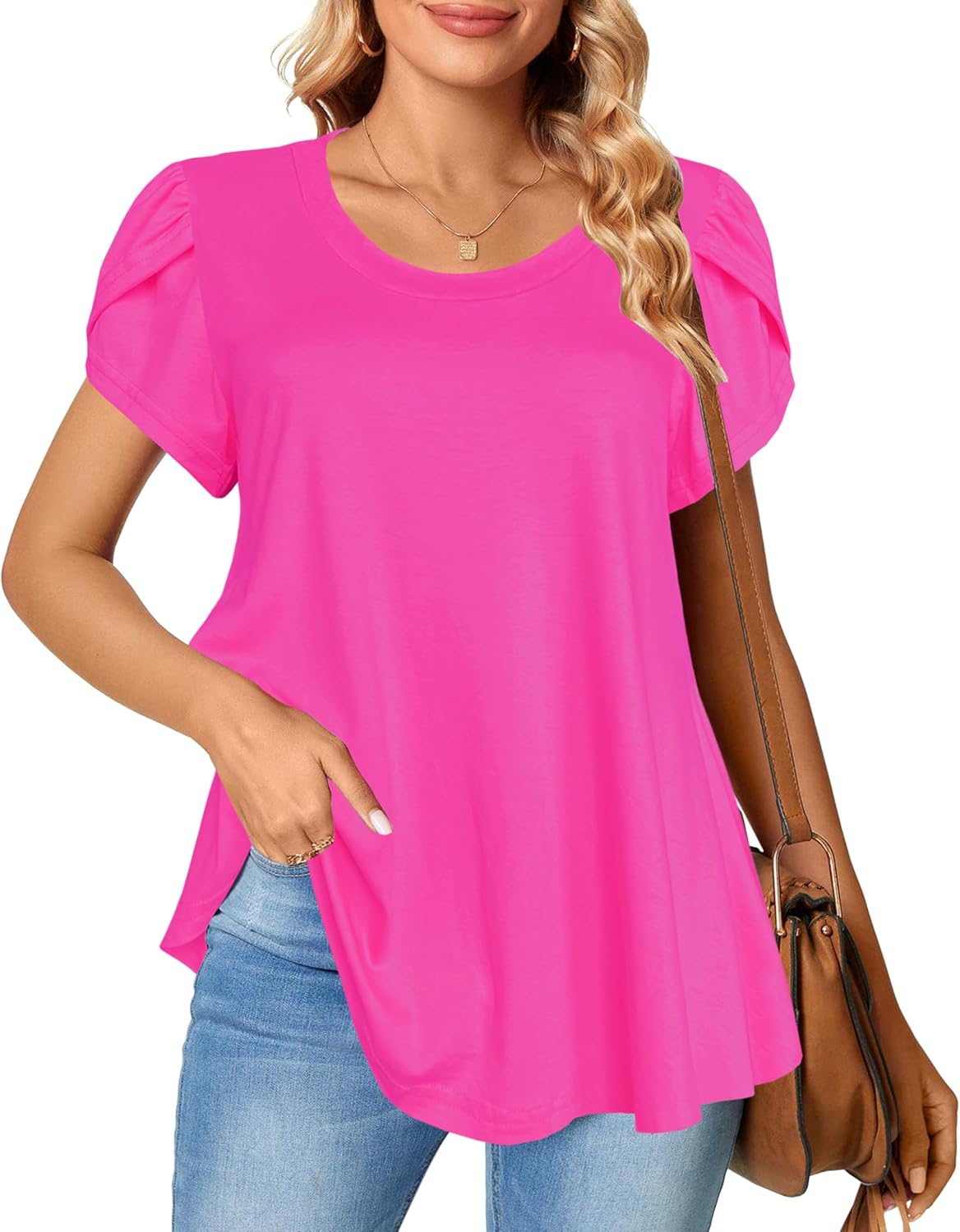 Afibi Womens Summer Crew Neck Loose Dressy Shirts Petal Short Sleeve Tunic Tops - Image 3
