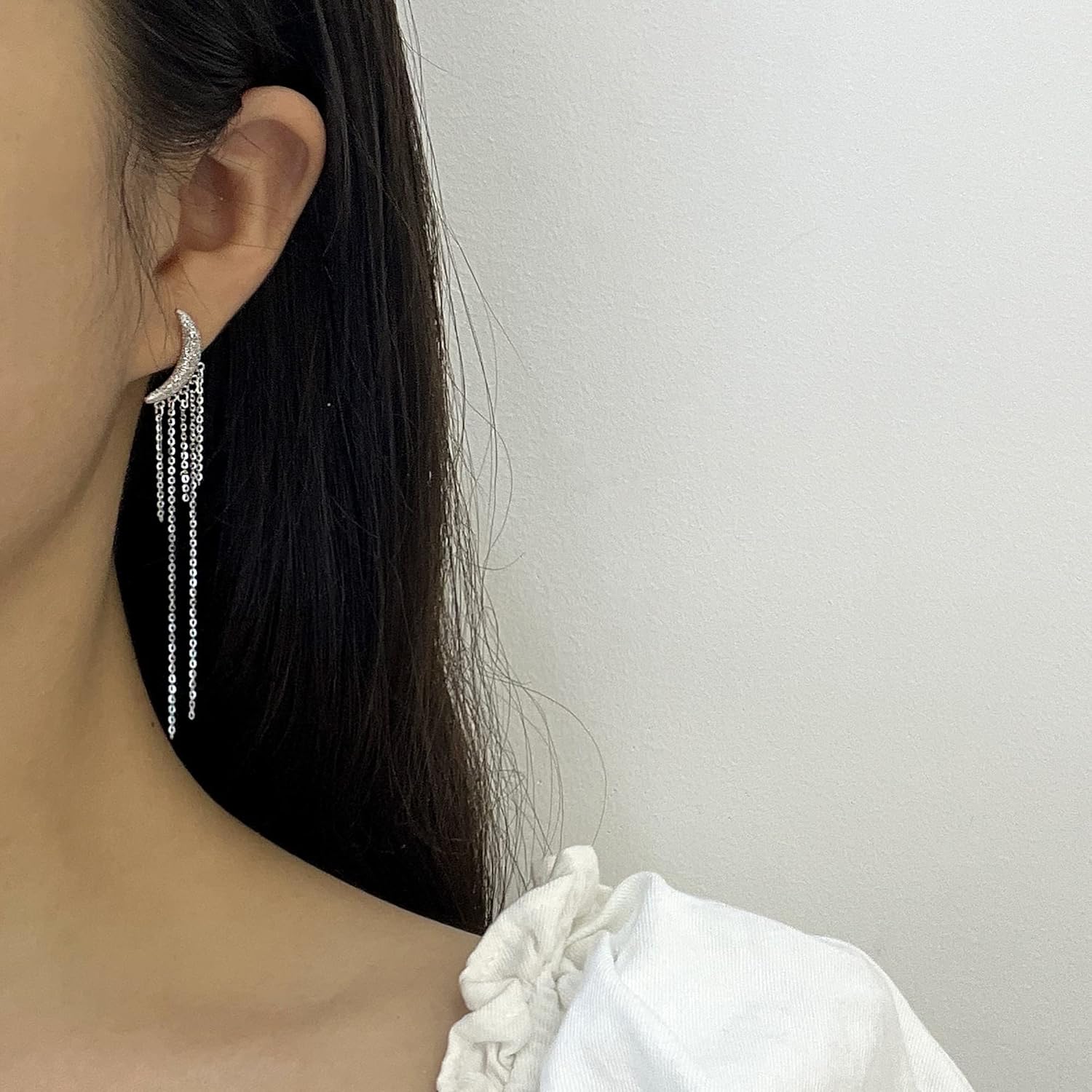 Hammered Textured Crescent Earrings 925 Sterling Silver Long Tassels Earrings for Women - Image 2