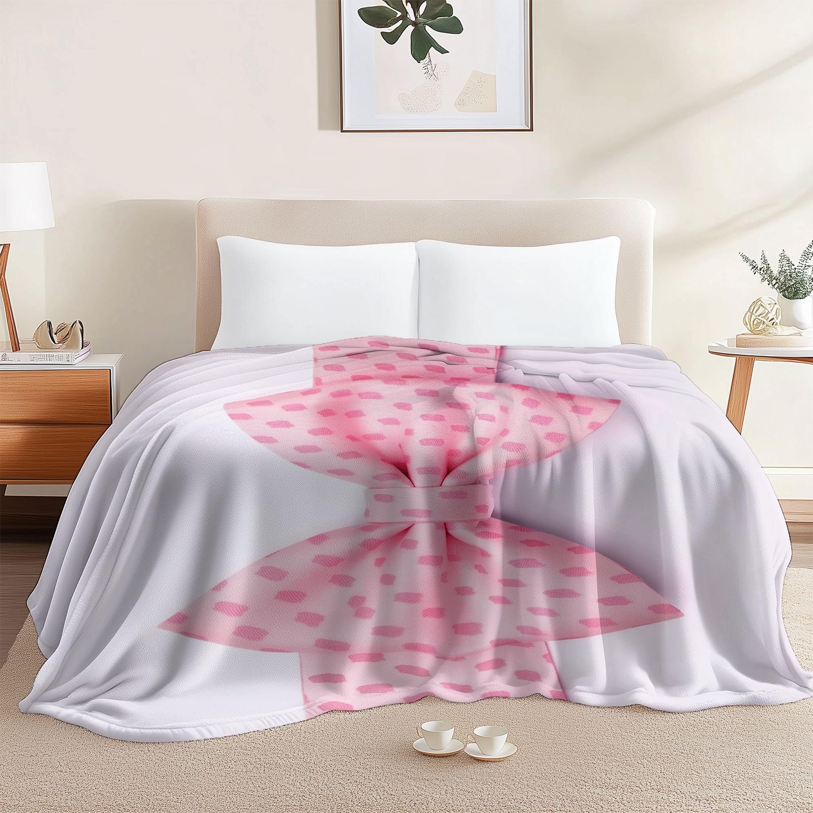 Genérico Manta de Lana para Cama Sofa Cámping 150 x 200 cm, Elegante Estiloso Lazo Manta Estampada de Franela - Blanquecino Suave y Cálida Frazada Sherpa para Adultos Niños y Adultos