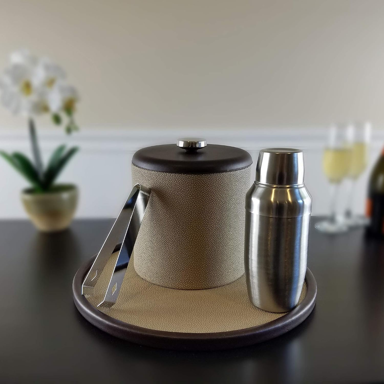 Kraftware 4 Piece Barware Set, Shagreen Fawn and Stainless Steel