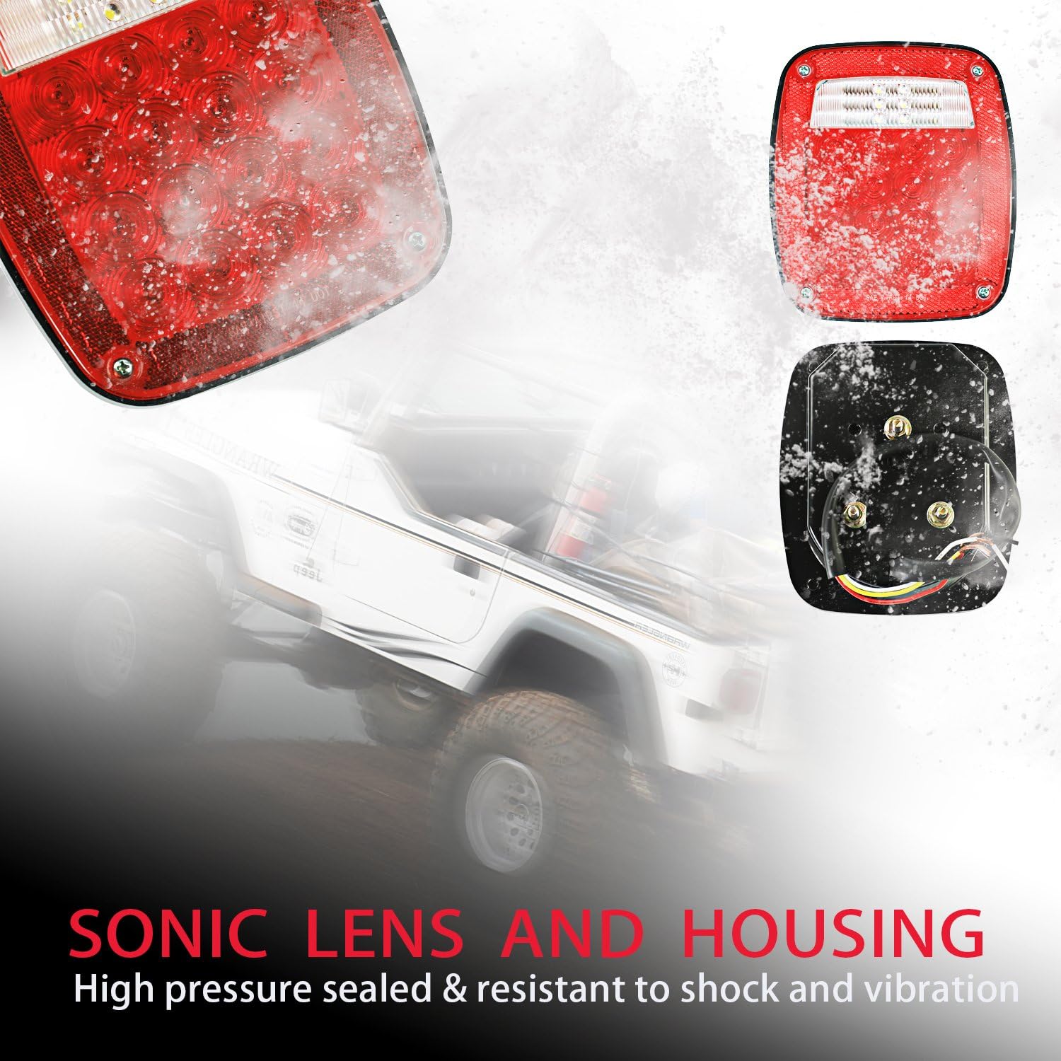Wellmax LED tail light covered in snow and ice, illustrating its durable sonic-sealed lens and housing.