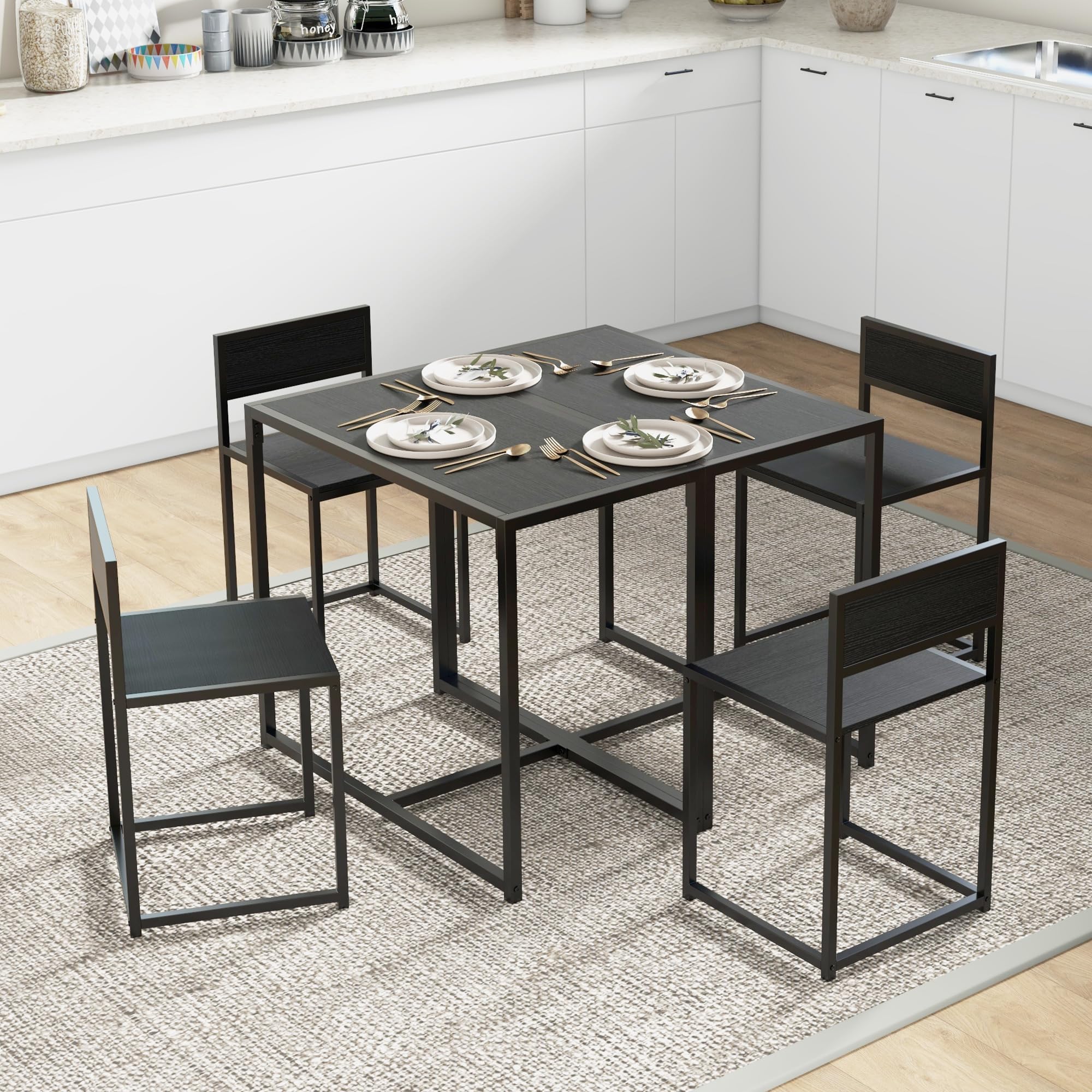 Juego de mesa de comedor industrial de 3 piezas para 2, mesa de cocina y sillas, juegos de comedor para espacios pequeños, color negro 9