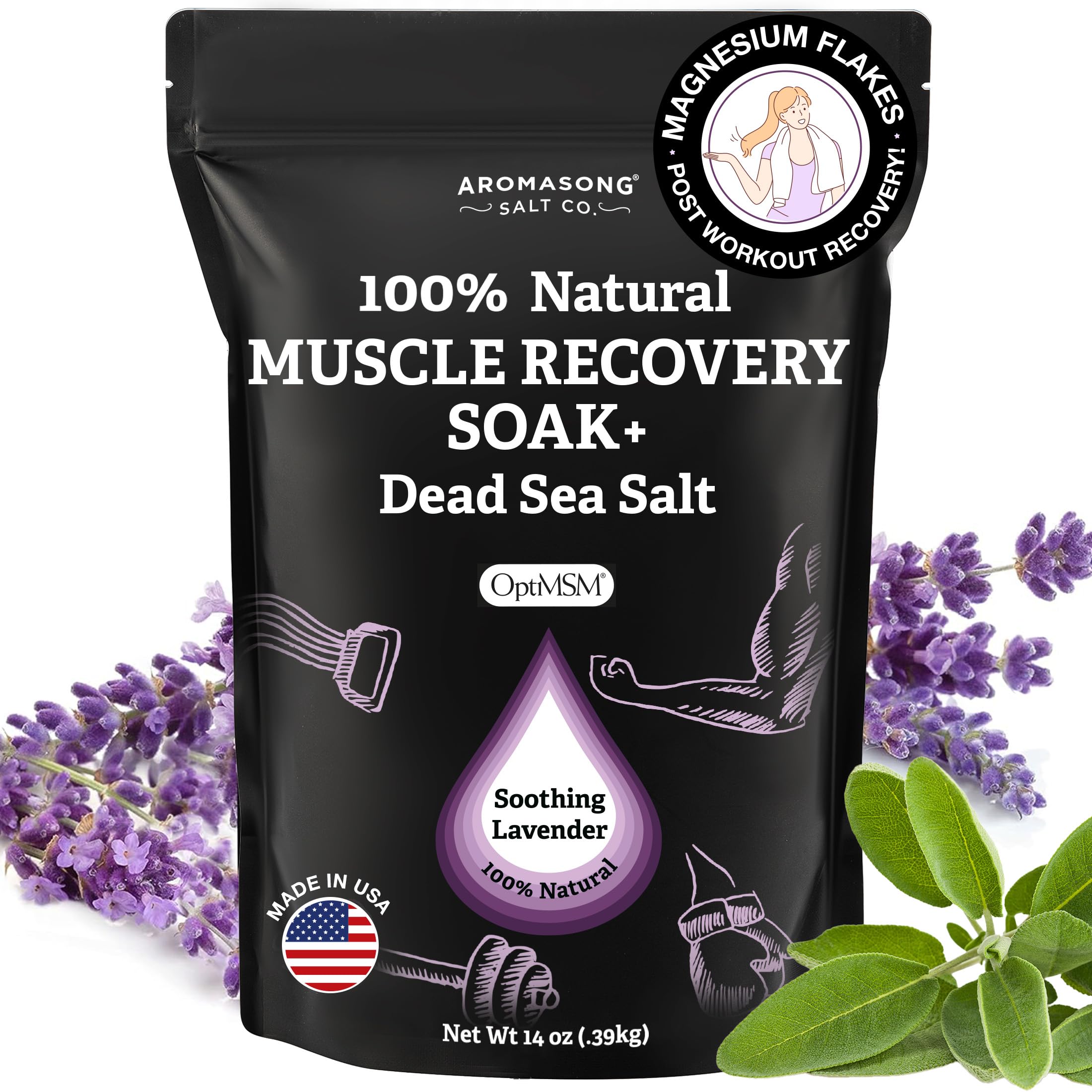 Aromasong Muscle Recovery Bath Soak with Dead Sea Salt, OptiMSM, Magnesium Flakes & Essential Oils for Post Workout Soreness - Made in USA - 14 oz. Bag Bath Salt for Pain Relief.