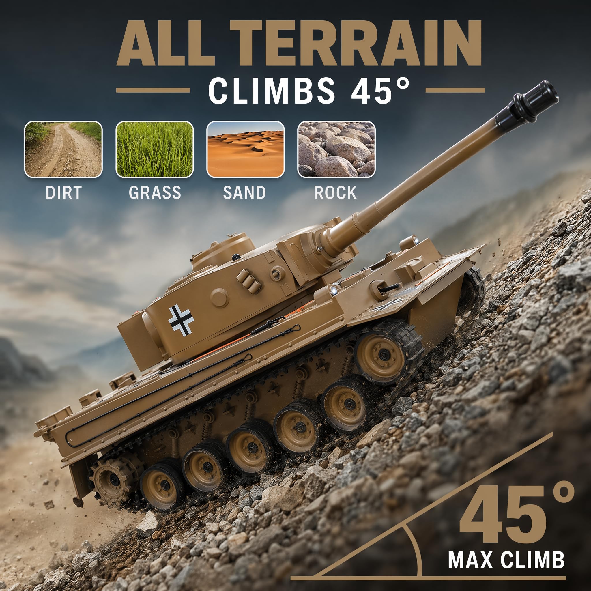 Tanque RC Tiger WWII 1:22 – Infrarrojos Disparo Agua Humo Sonido LED 2.4GHz | Tanque Teledirigido Militar Juguete Regalo Niño 8 Años Combate