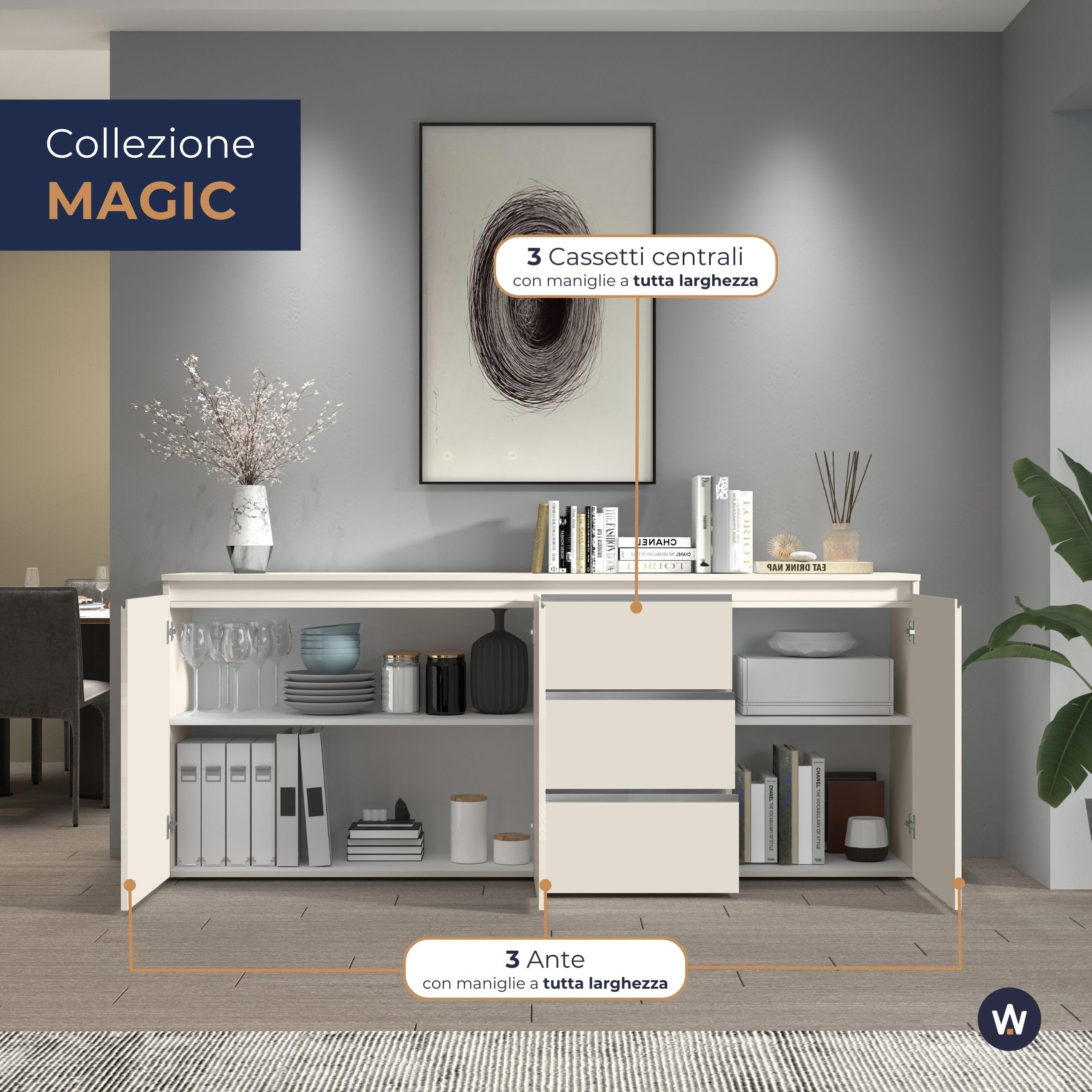 WHOUS Credenza e Buffet MAGIC per Soggiorno con 3 Ante e 3 Cassetti, Madia per Salotto, Cucina e Sala da Pranzo in Legno, 200x40x80, Cashmere