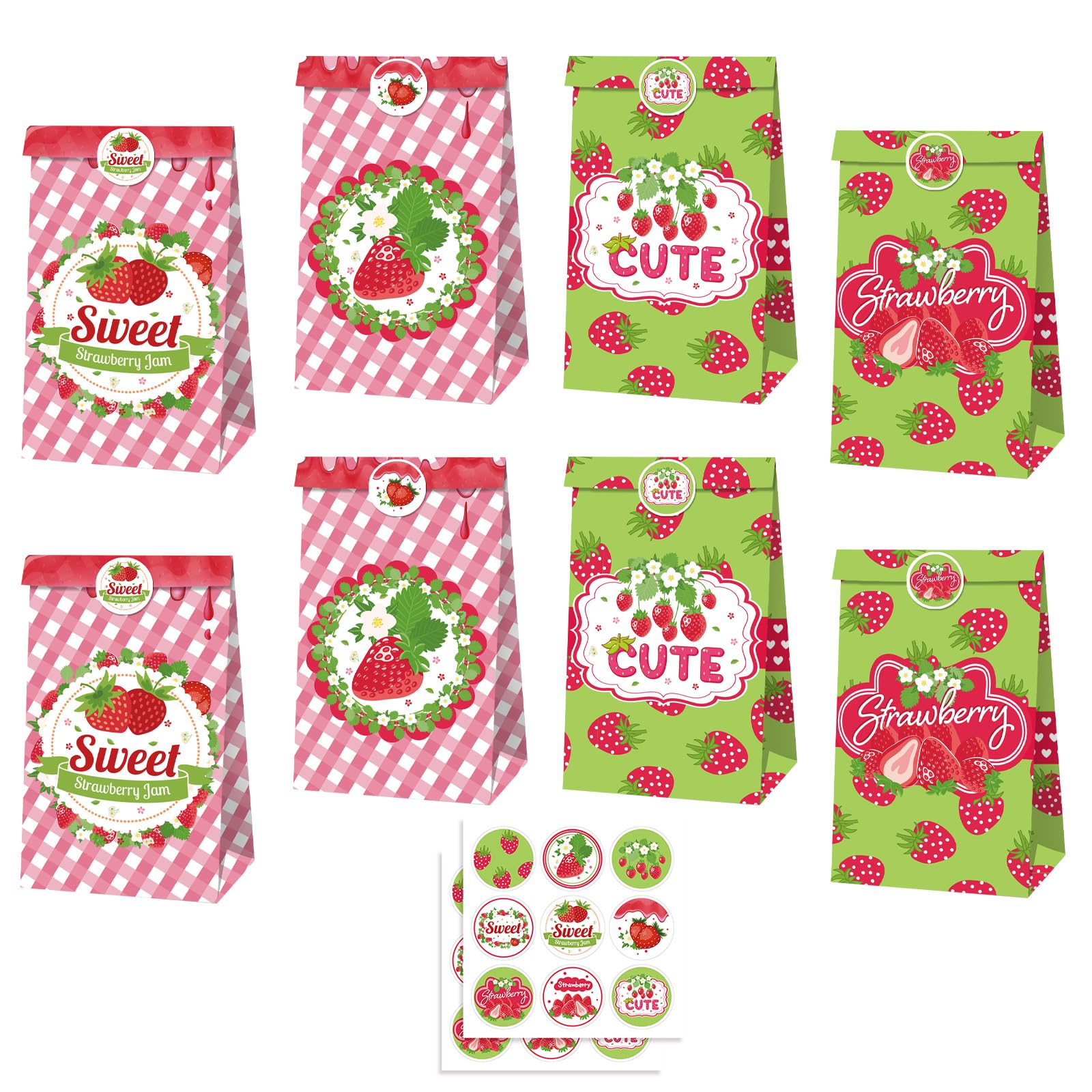 MORAINJAY 12 Pcs Strawberry Party Bags, Pink Green Fruit Paper Gift Bags, Sweet Strawberry Jam Theme Favor Goodie Bag, Berry First Birthday Party Decorations, with 18 Stickers
