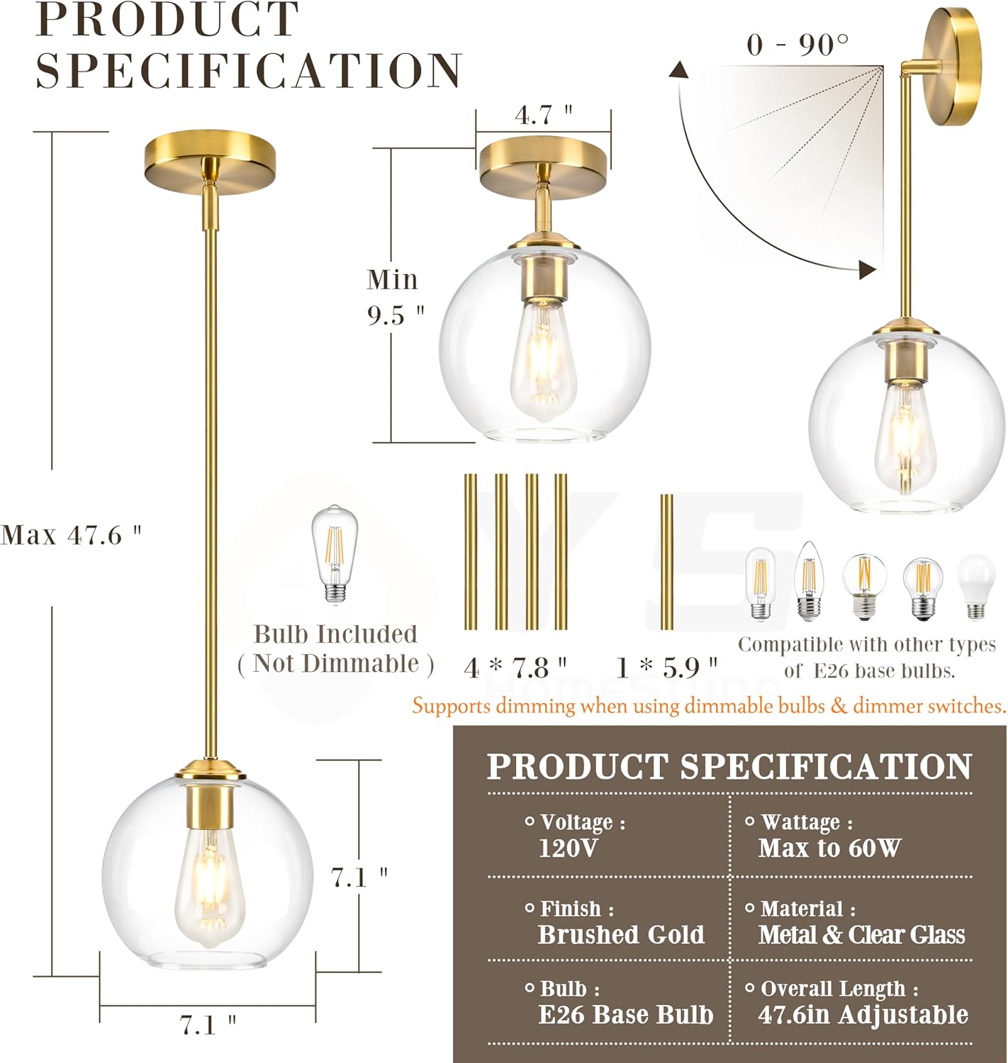 7 Inch Brass Modern Pendant Lights Kitchen Island Mid Century Modern Pendant Light Fixtures with Clear Glass Globe Modern Hanging Pendant Light for Bathroom Bedroom （Bulb Incl）