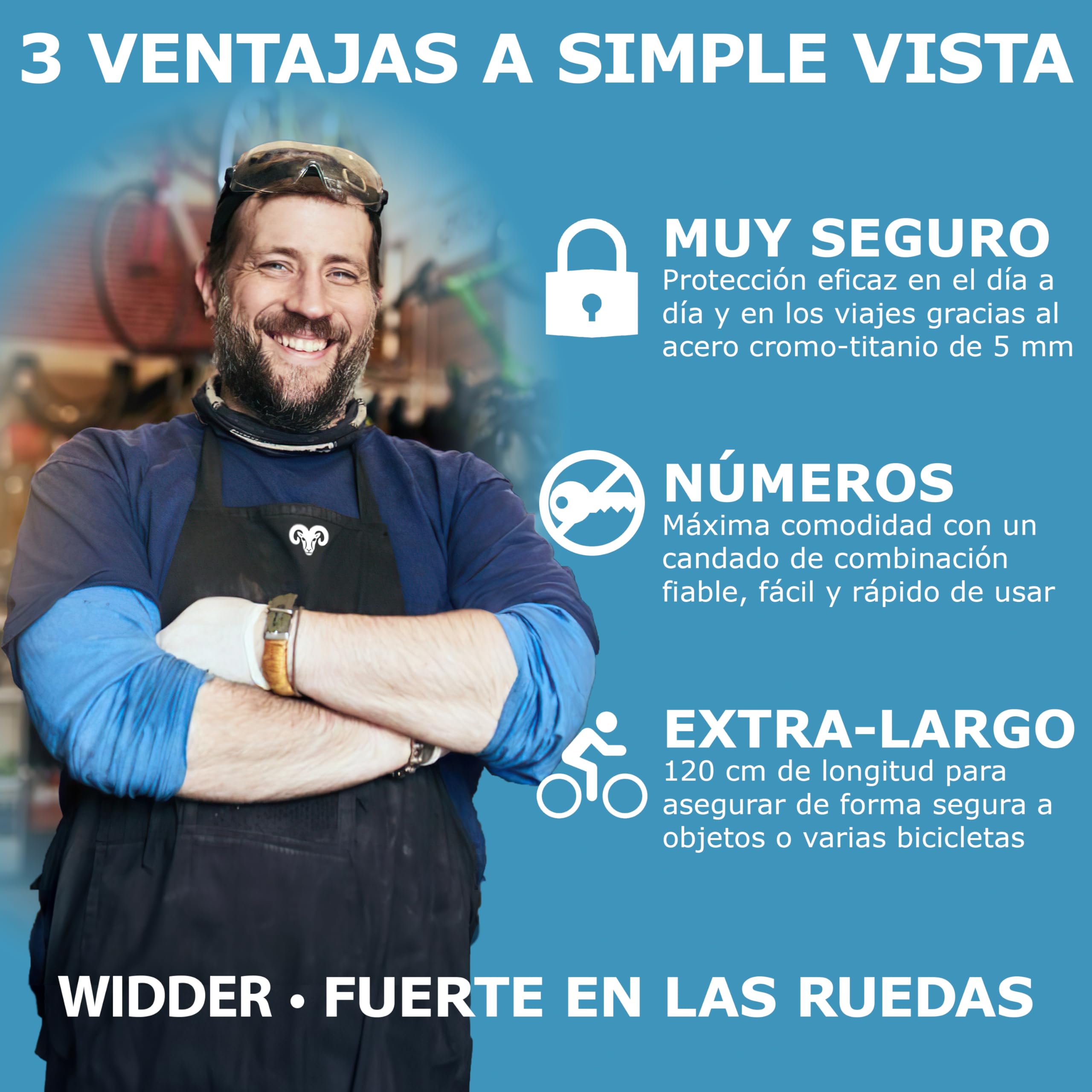 WIDDER 120cm Antirrobo bici extremadamente seguro | Titanio‑Acero nivel 15 | Candado de combinación | Candado plegable bicicleta de 120 cm con soporte | Antirrobo bici eléctrica & e‑scooter con código