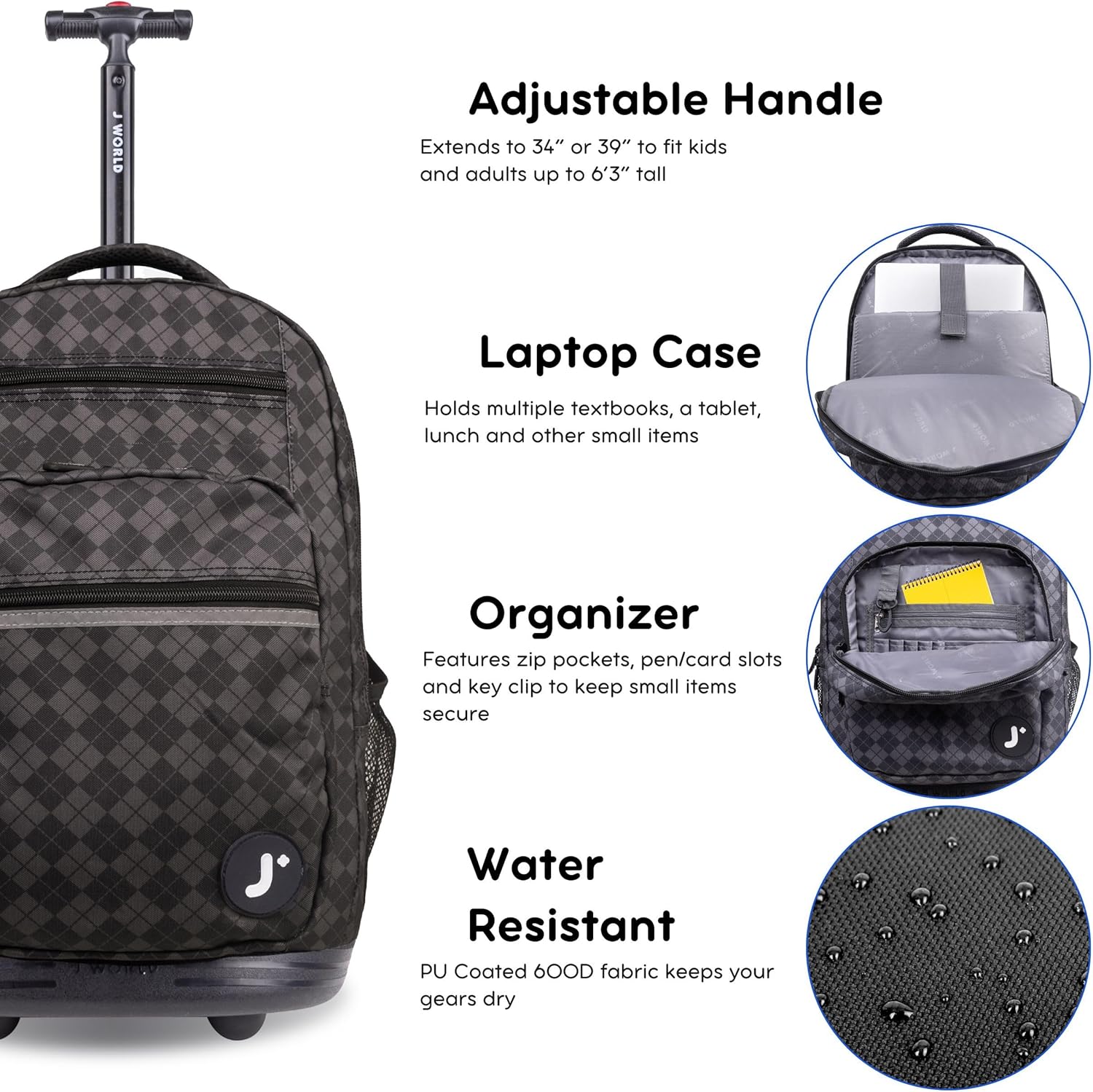J World Sundance Laptop Rolling Backpack for Girls Boys. Roller Bookbag with Wheels, Argyle Black