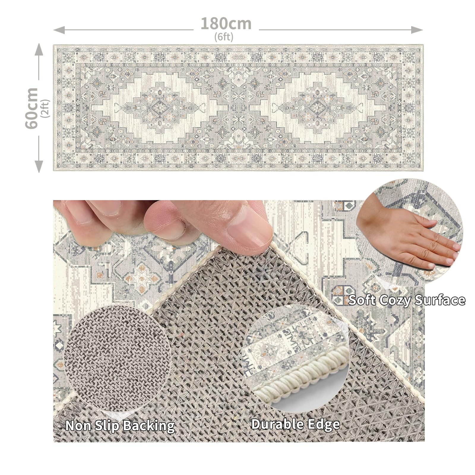 Cycleader 60x180cm Non-Slip Washable Runner Rug for Hallway Vintage Boho Faux Cashmere Carpet Anti-Fatigue Kitchen Rugs Indoor Soft Long Floor Mat Low Pile Runners with Anti-Slip Backing for Bedroom - Image 2