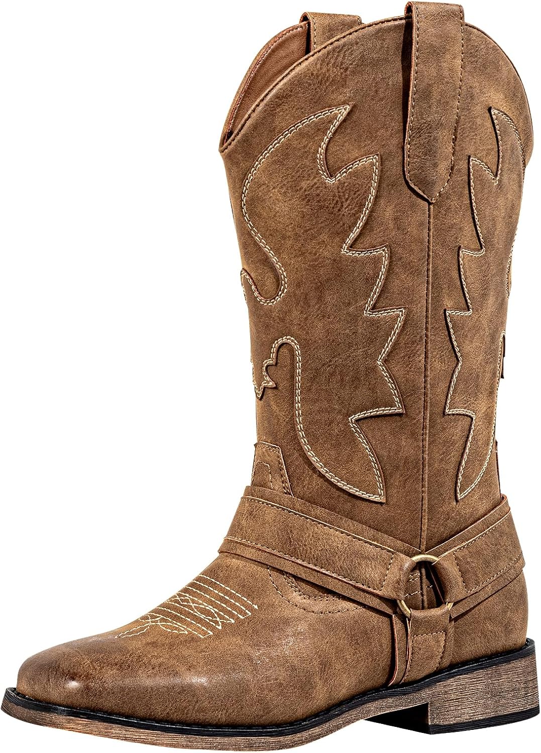 SheSole Cowboy Boots for Women Wide Calf with Hidden Elastic & Roomy Square Toe - Easy On/Off Western Cowgirl Boots with Decorative Buckle & Embroidered Accents
