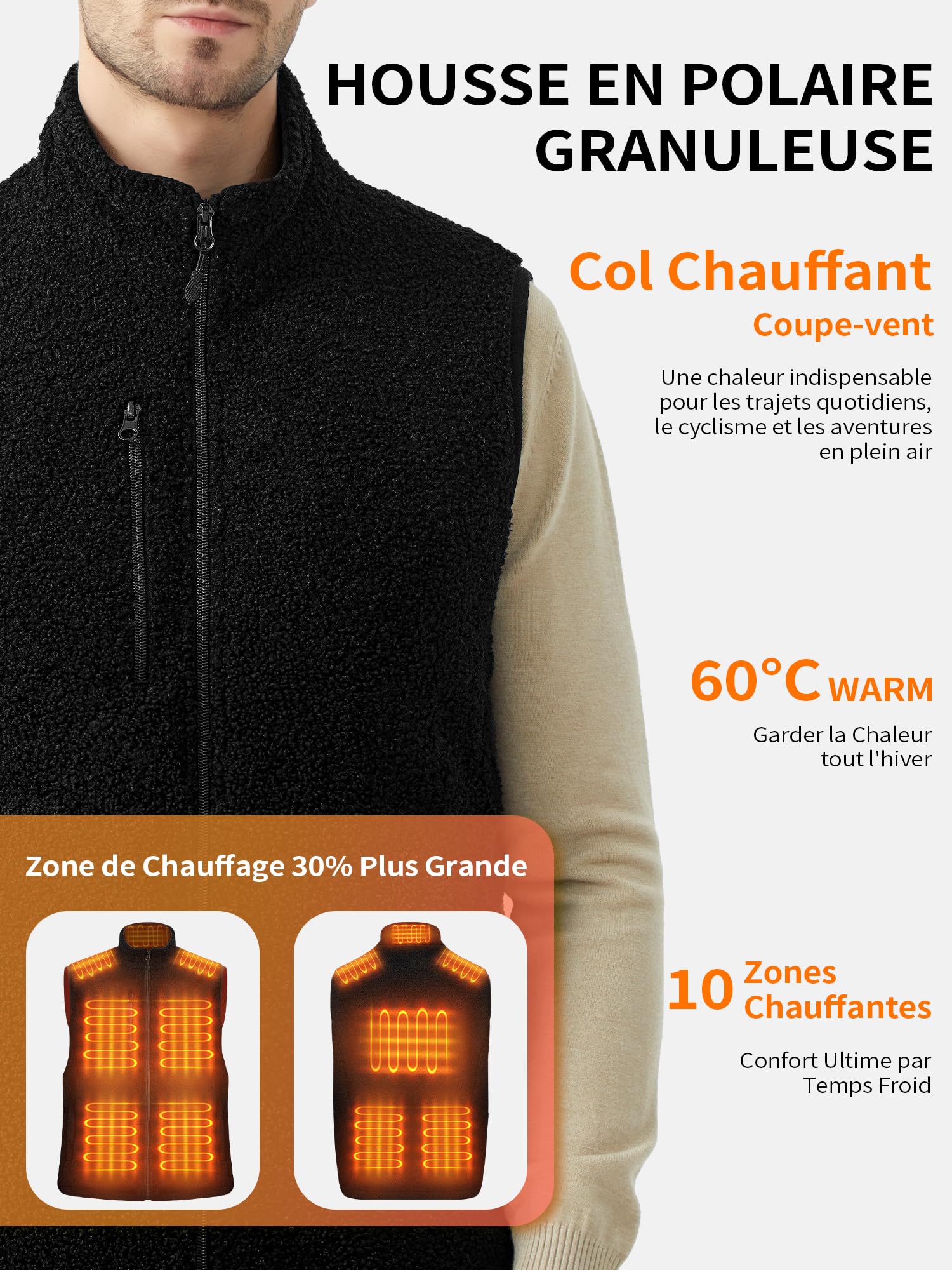 Gilet Electrique Chauffant Homme Femme avec Batterie 18400mAh Incluse, Veste Polaire Chauffante Homme Femme, 10 Zones de Chaleur, Parfaite pour Moto, Camping, Randonnée