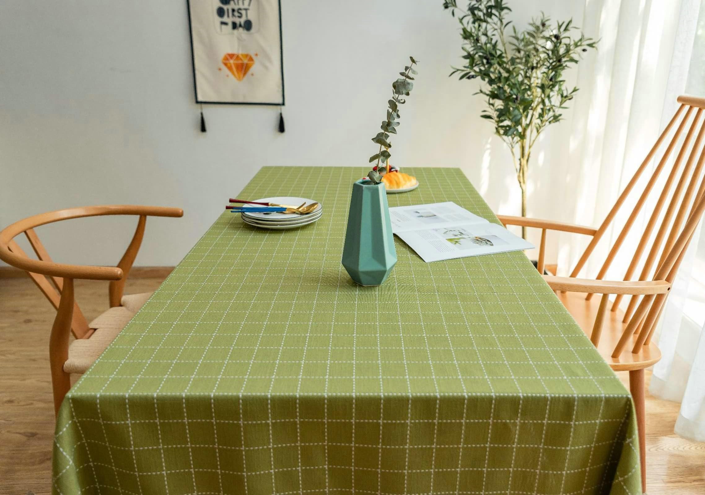 Gualiy Mantel Algodon Lino Rectangular, Manteles Mesa Cocina 140x200CM Mantel Mesa Cuadrada Antimanchas Bordado Plaid con Borlas Mantel para Mesa de Comedor, Verde