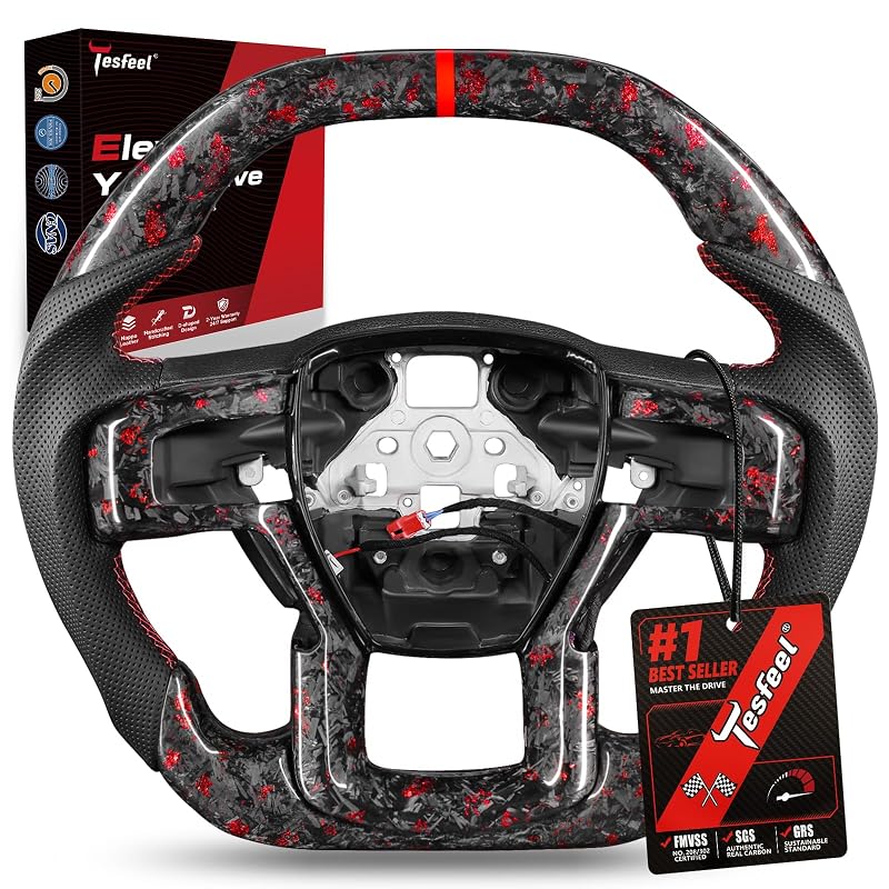 Volante esportivo Double-D em fibra de carbono forjada com couro Nappa, aquecimento, acabamento e faixa vermelha para Ford F150 Raptor 2017–2020 TESFEEL