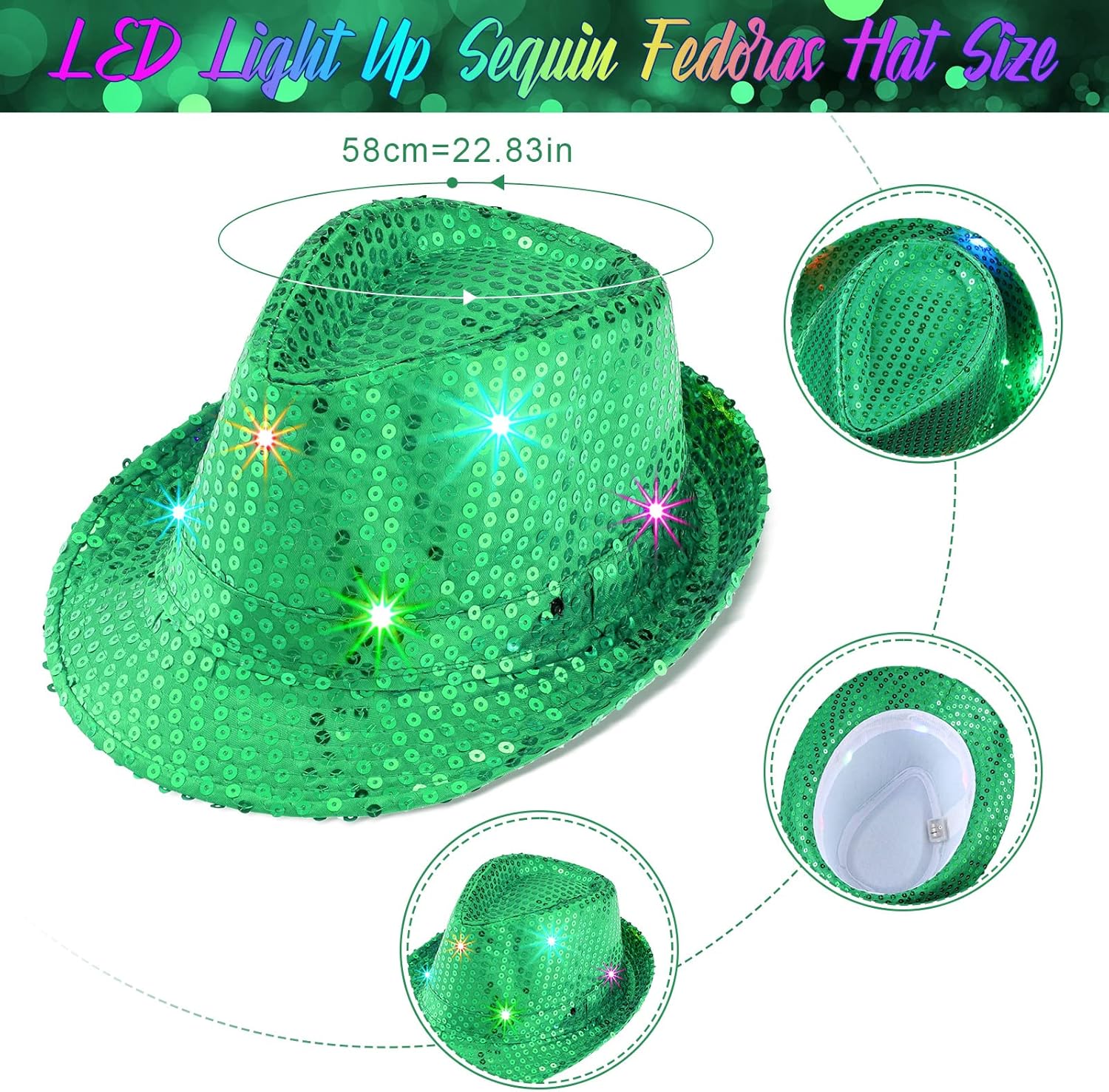 SATINIOR 8 Pieces Mardi Gras Hats LED Light up Sequin Mardi Gras Hats Bulk Shiny Purple Carnival Cowboy Hat for Women Men
