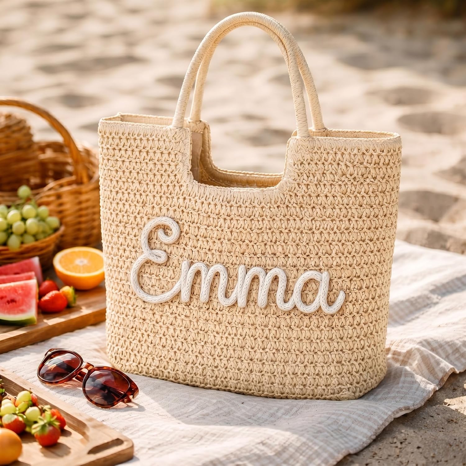 Personalized Straw Beach Tote Bag for Women - Custom Name Woven Handbag with 3D Yarn & Crochet Flower, Summer Vacation Bag